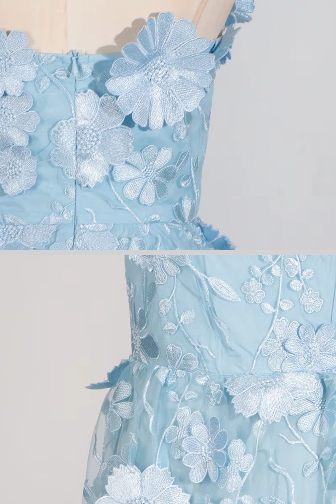 Layered Sheer Dress With Fitted Waist And Floral Appliques - Light Blue