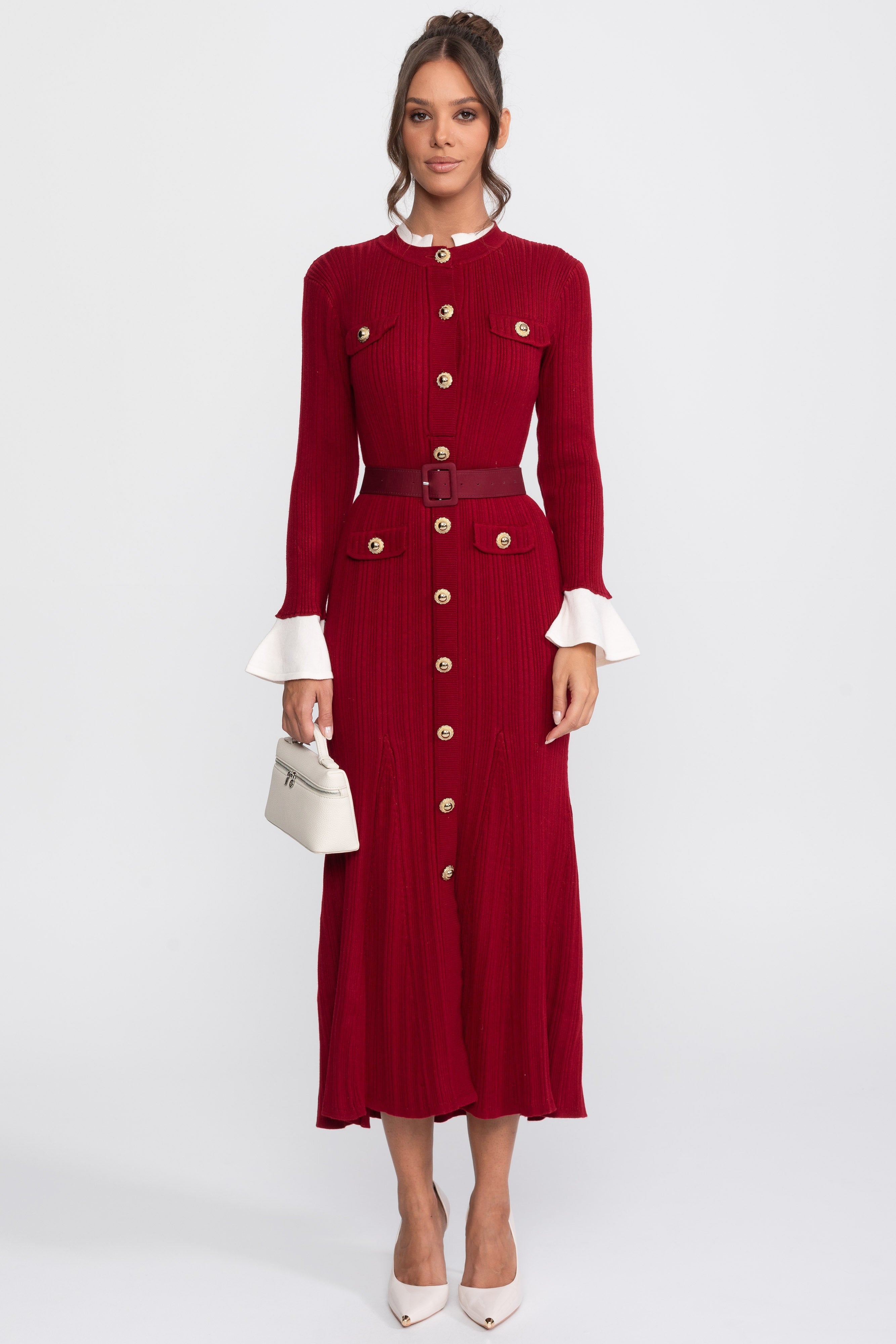 Robe midi en maille côtelée ceinturée avec poignets et col blancs - Burgundy 