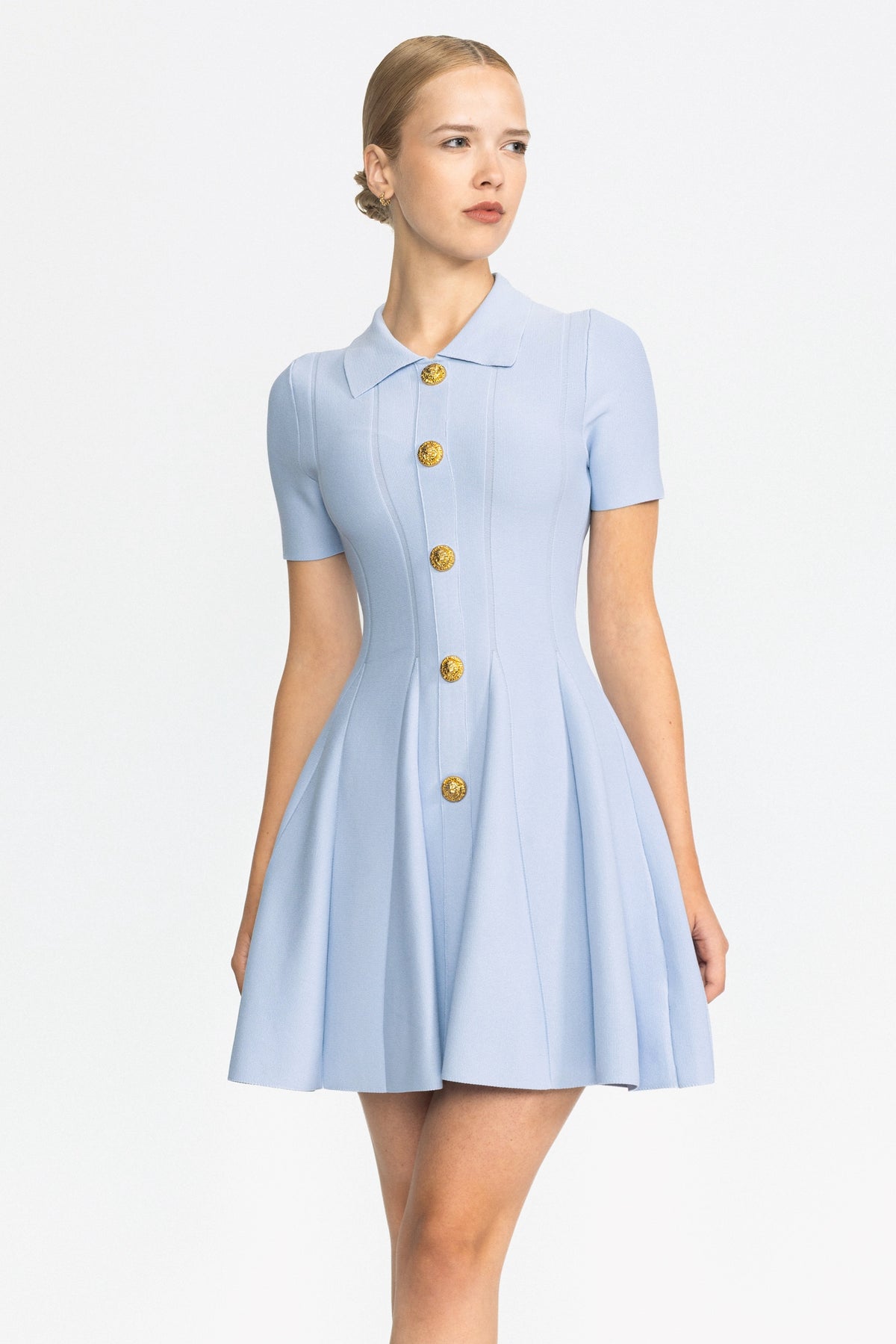 Knit Polo Collar Lion-Button Mini Dress - Light Blue