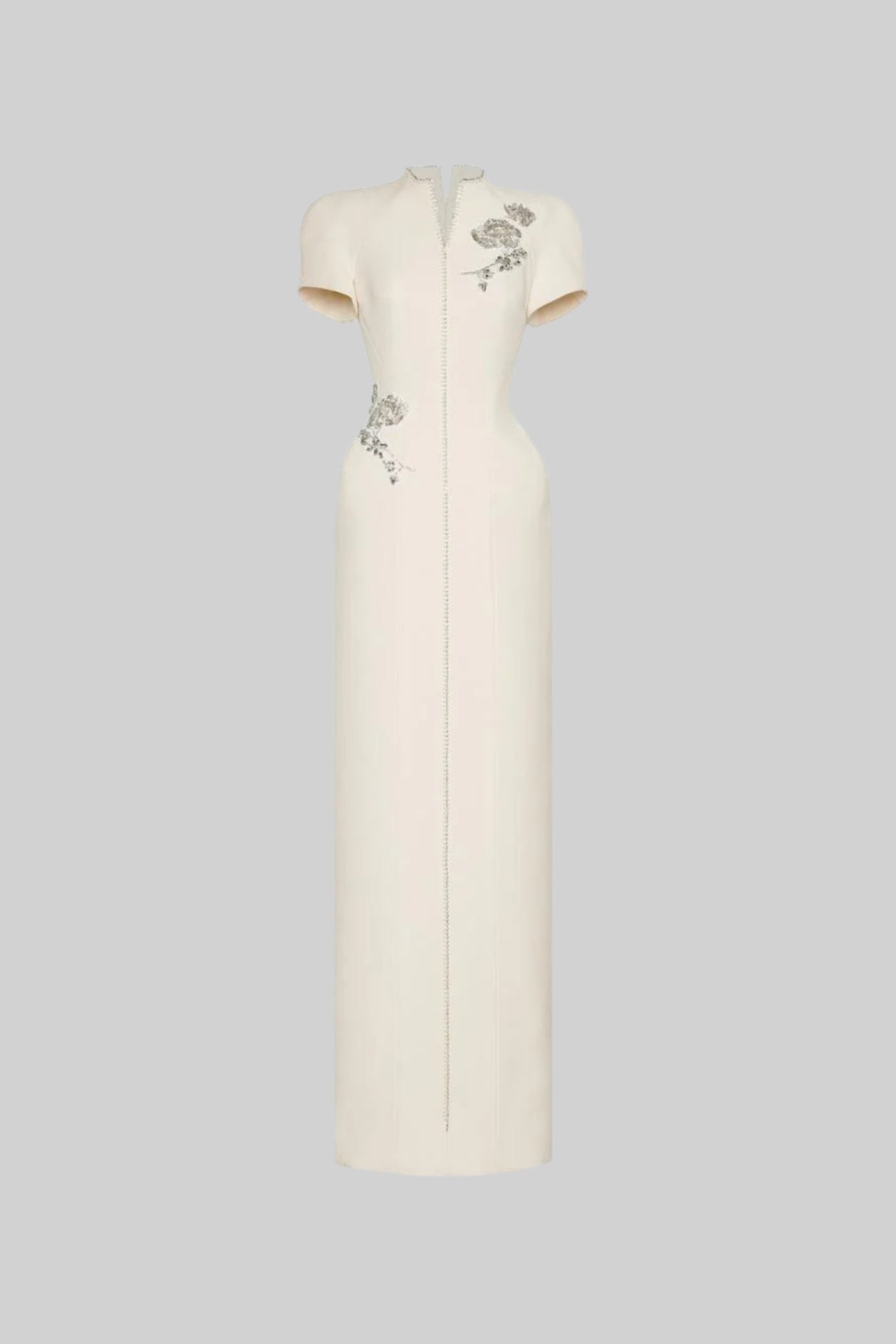 Short Sleeve Midi Dress With High Split Neckline And Sparkling Embellishments - Ivoire