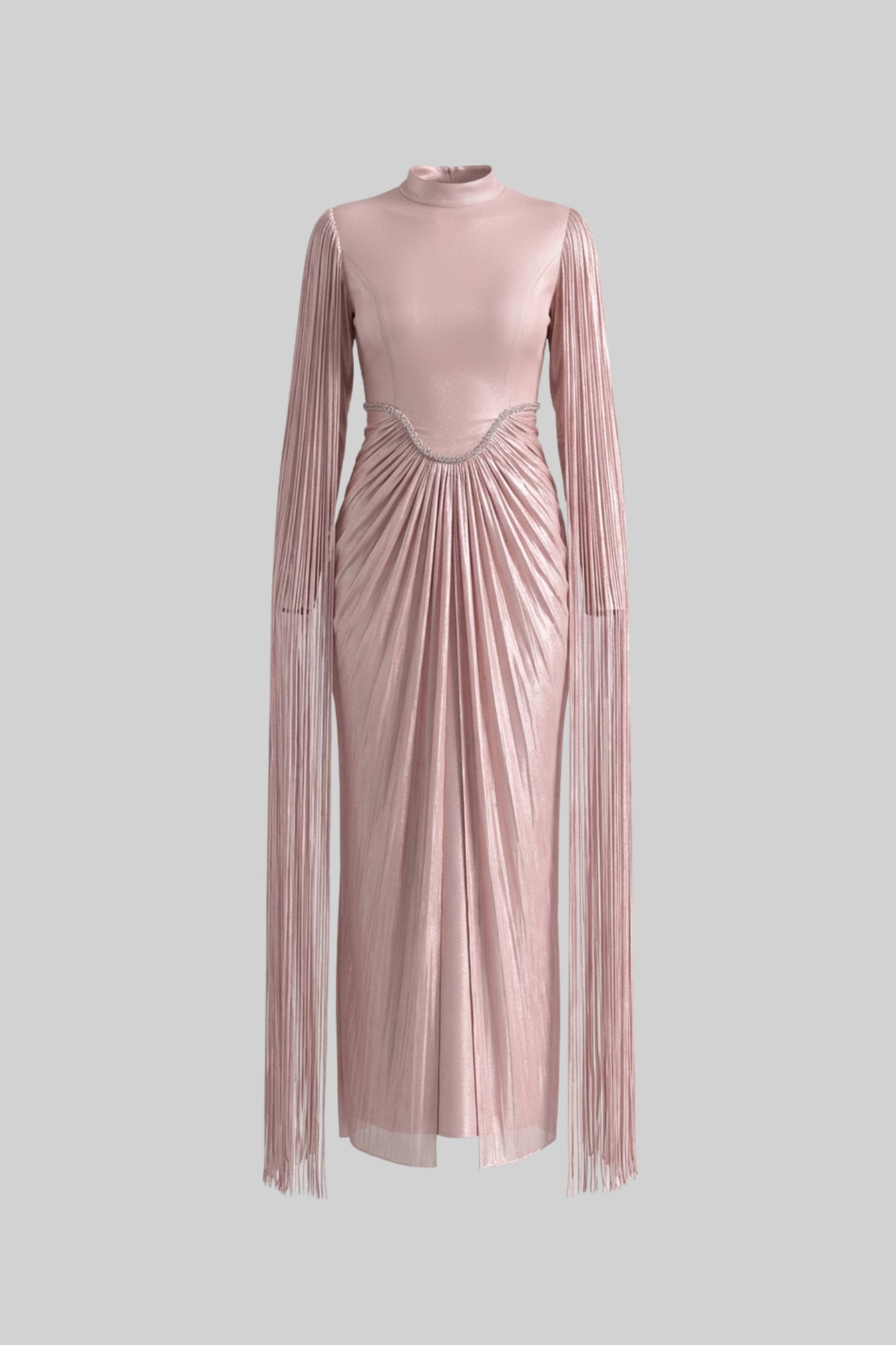 Long Sleeve Maxi Dress With Draped Overlay And Crystal Waist Trim - Blush Pink