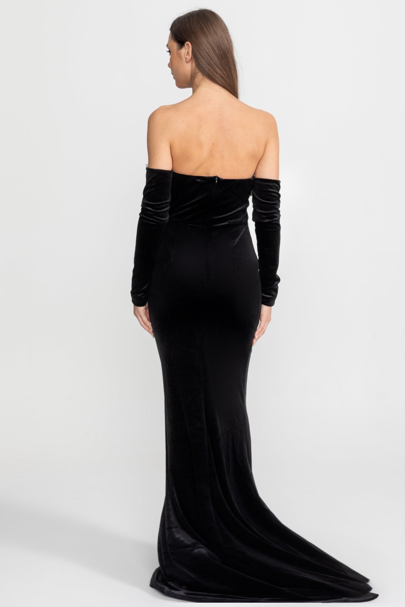 Velvet Strapless Maxi Dress with Floral Bow Appliqué – Black