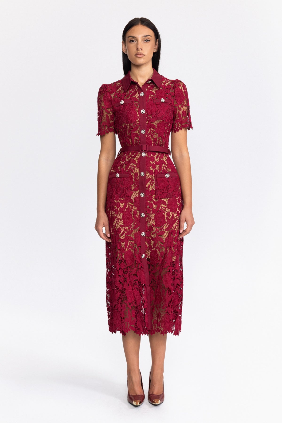 Robe chemise midi en guipure à boutons bijoux - Wine 