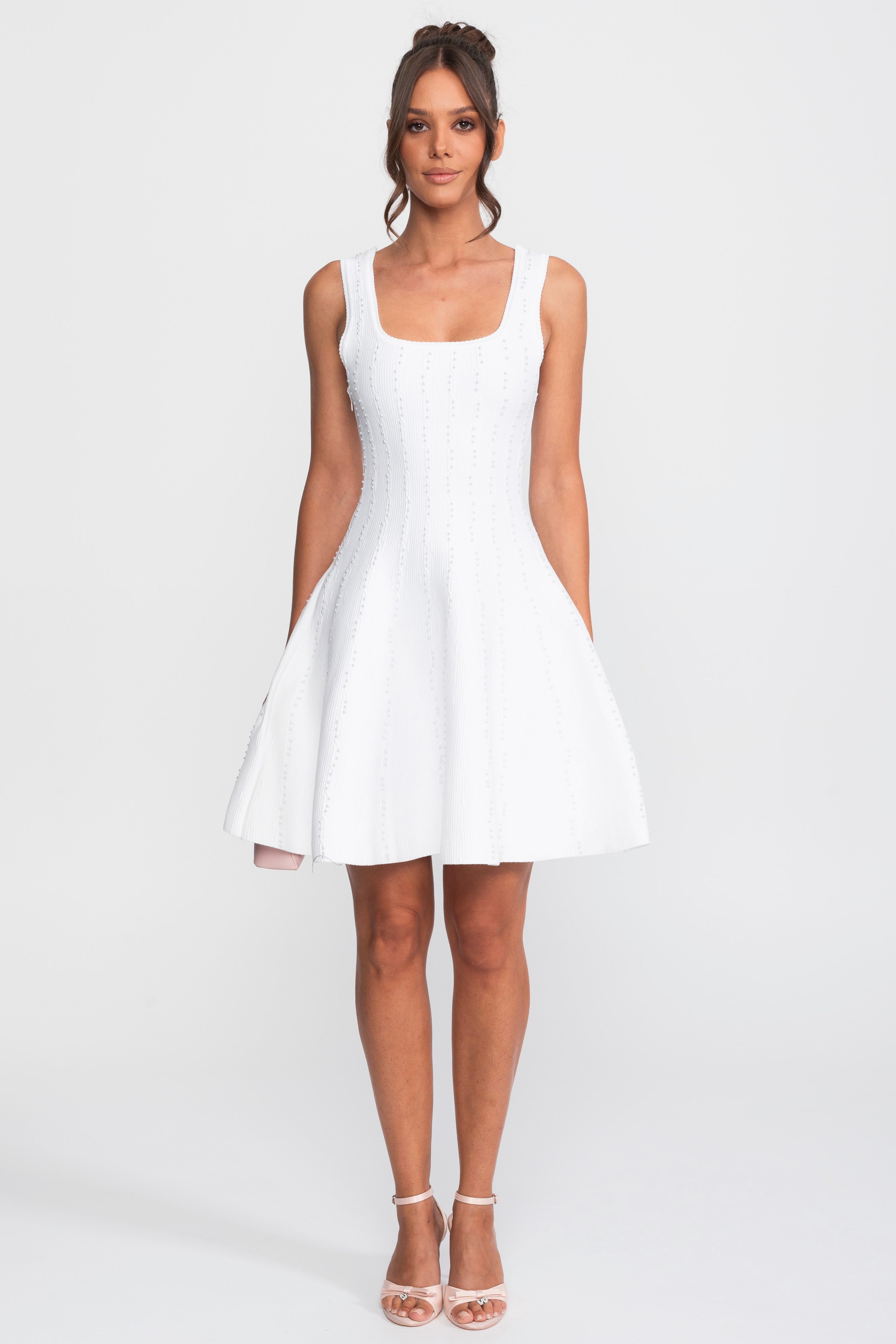 Robe courte côtelée à col carré ornée de perles - Blanc 