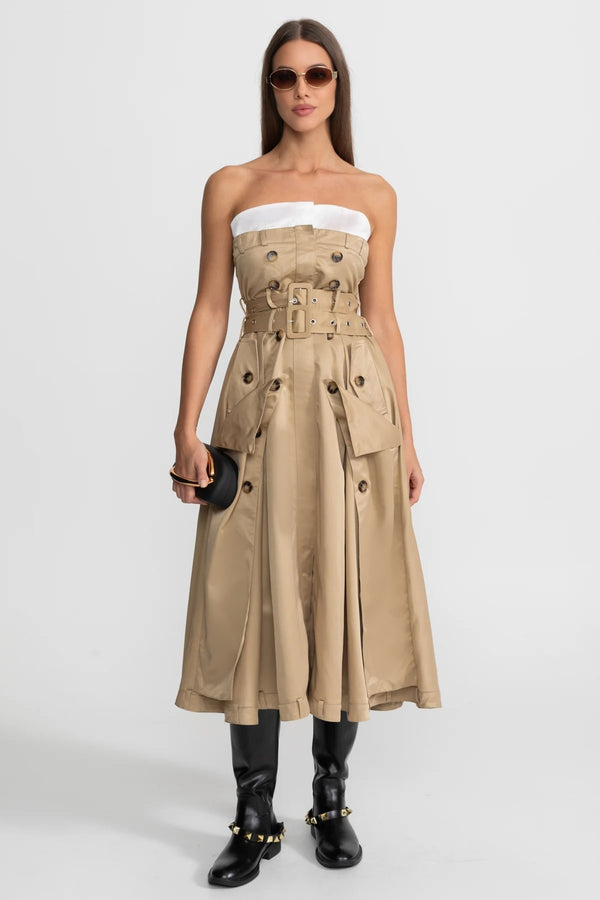 Robe midi trench sans bretelles avec taille ceinturée – Beige 