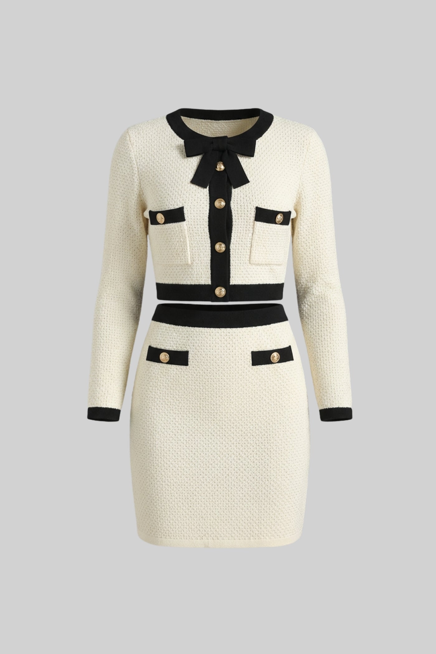 Ensemble coordonné en bouclé avec veste à manches longues et bordure contrastante noire - Ivoire 