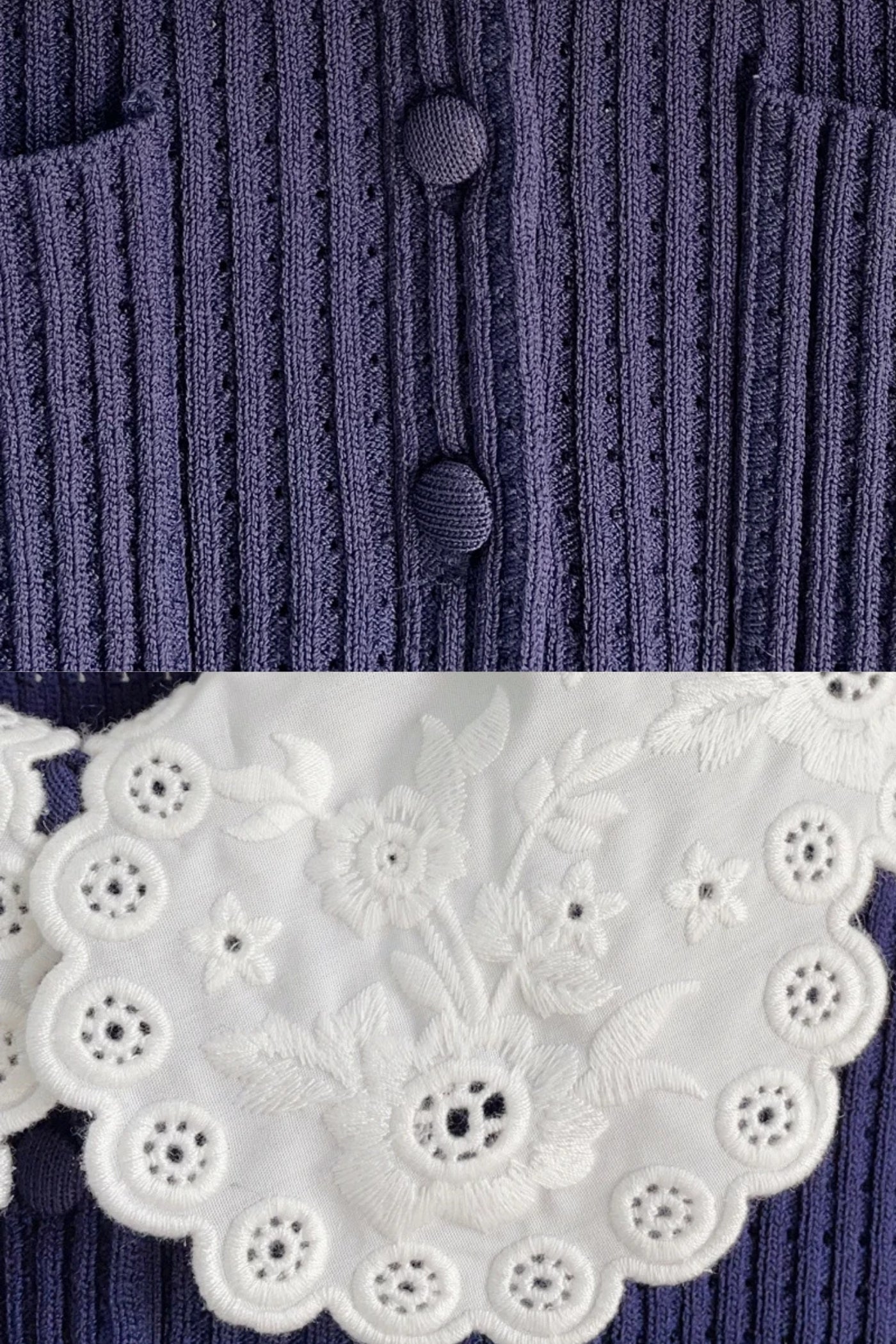 Robe Mini en Maille à Manches Longues avec Col Broderie - Navy 