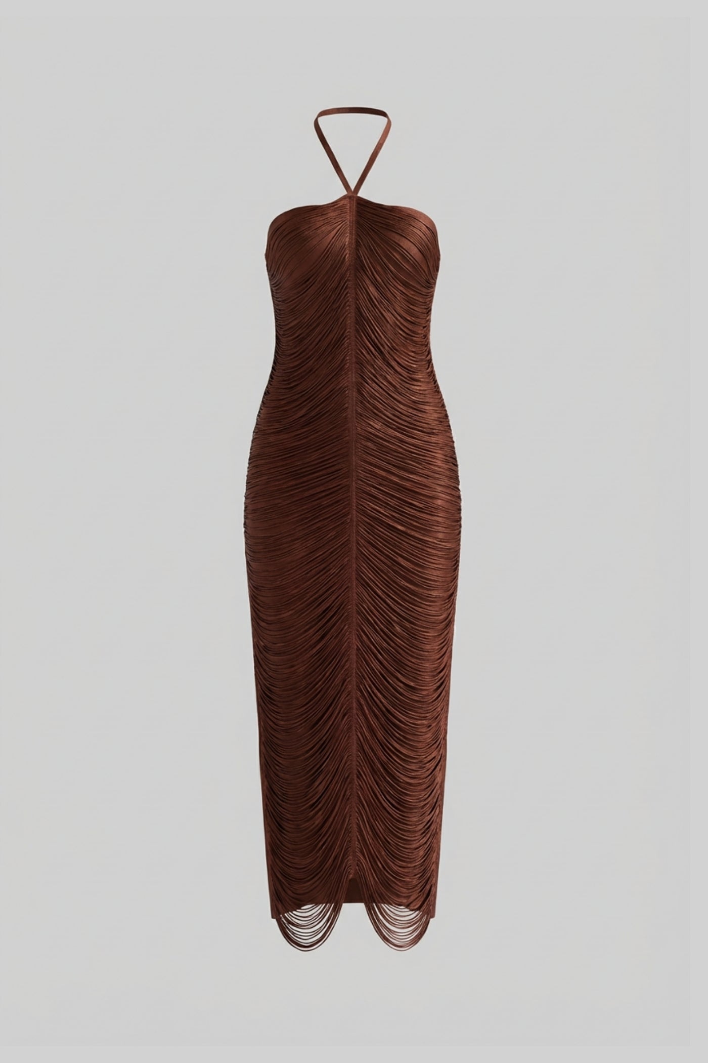 Robe Midi à Col Halter avec Texture Plissée Intégrale - Marron 