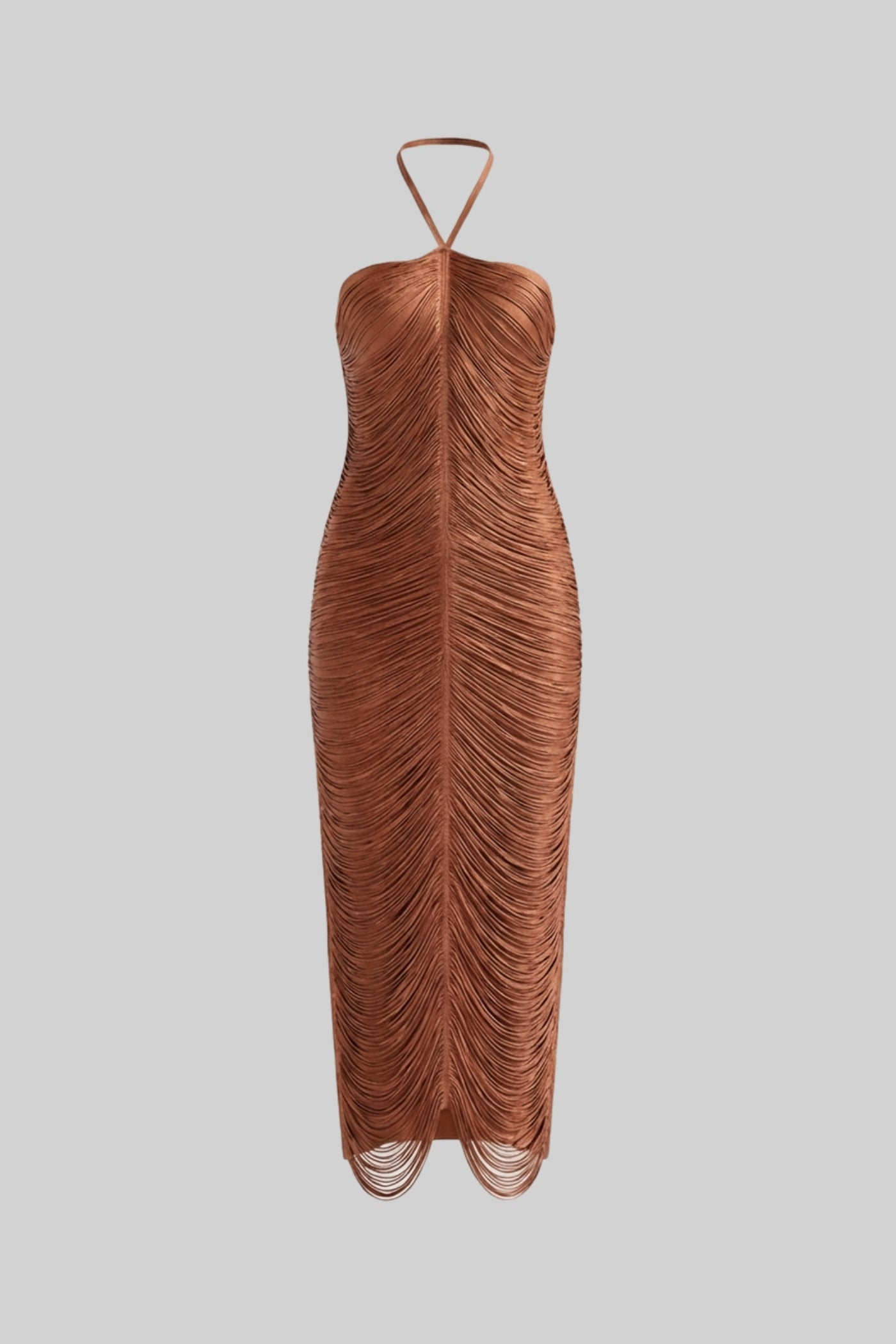Robe midi à col licou avec texture plissée intégrale - Marron clair 
