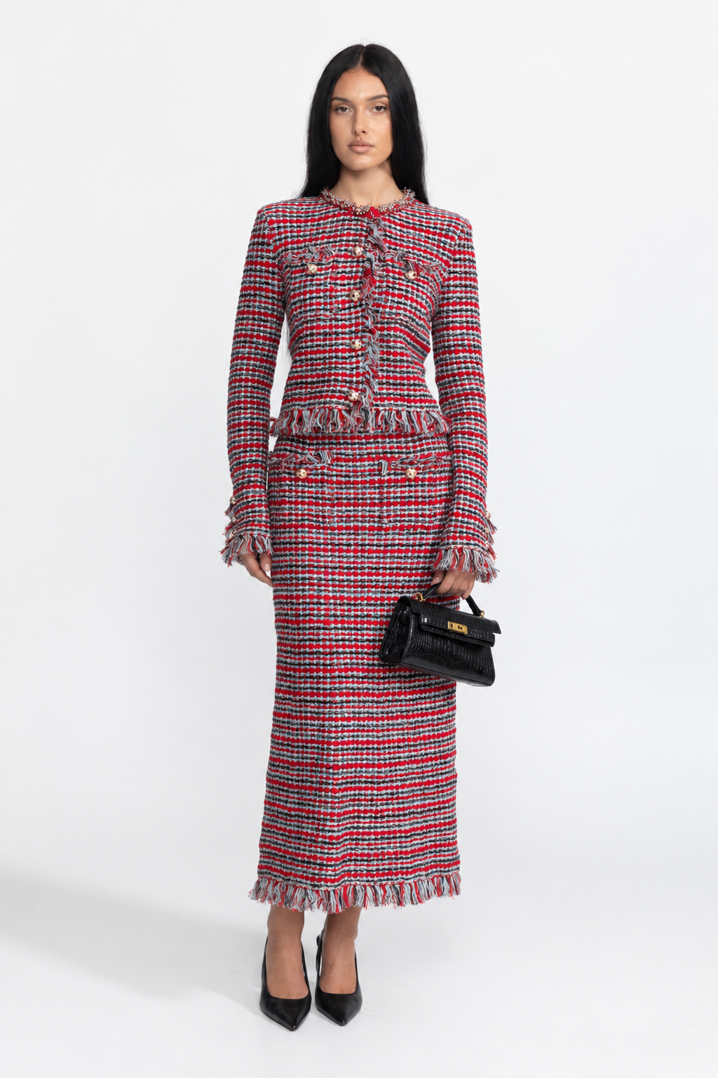 Ensemble veste en tweed à franges et jupe midi coordonnée - rouge multicolore 