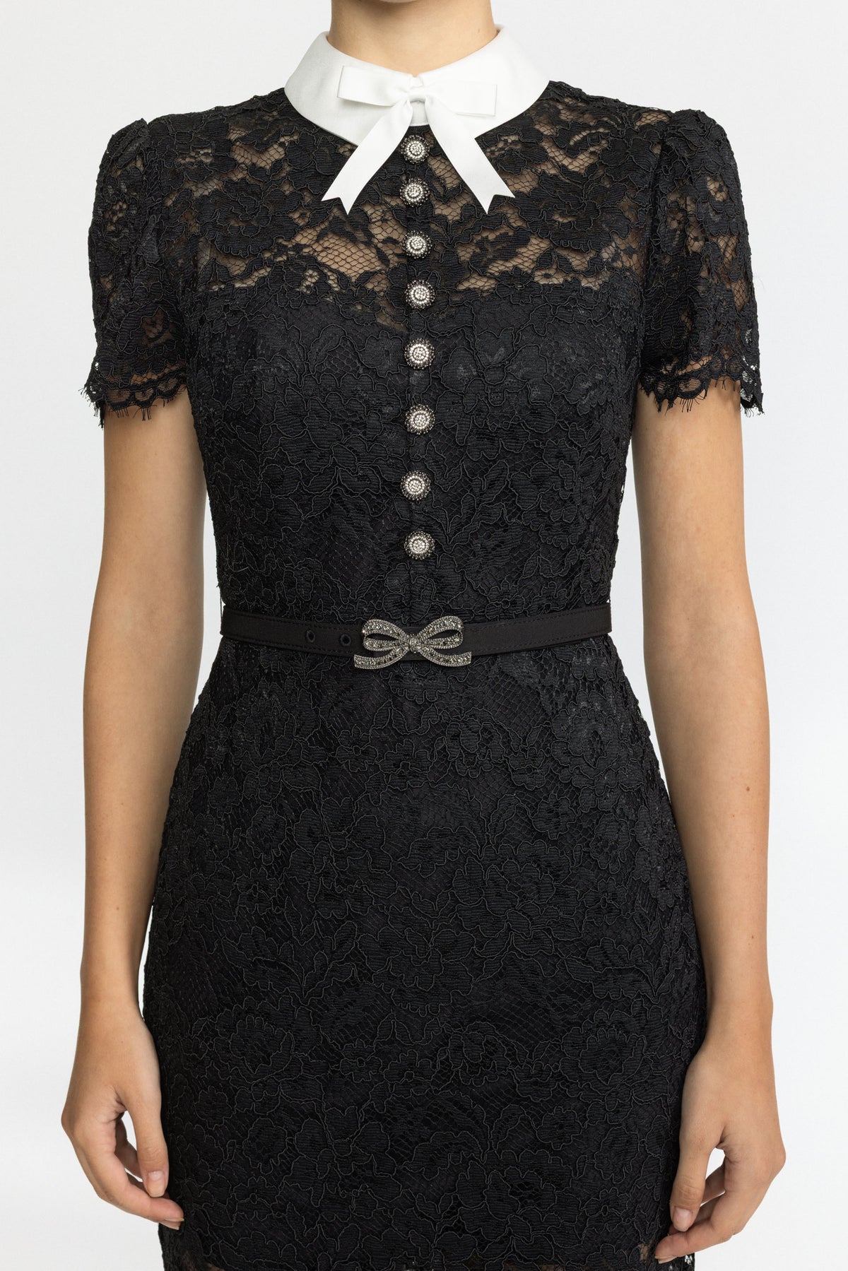 Corded Lace Bow Collar Midi Dress - Black