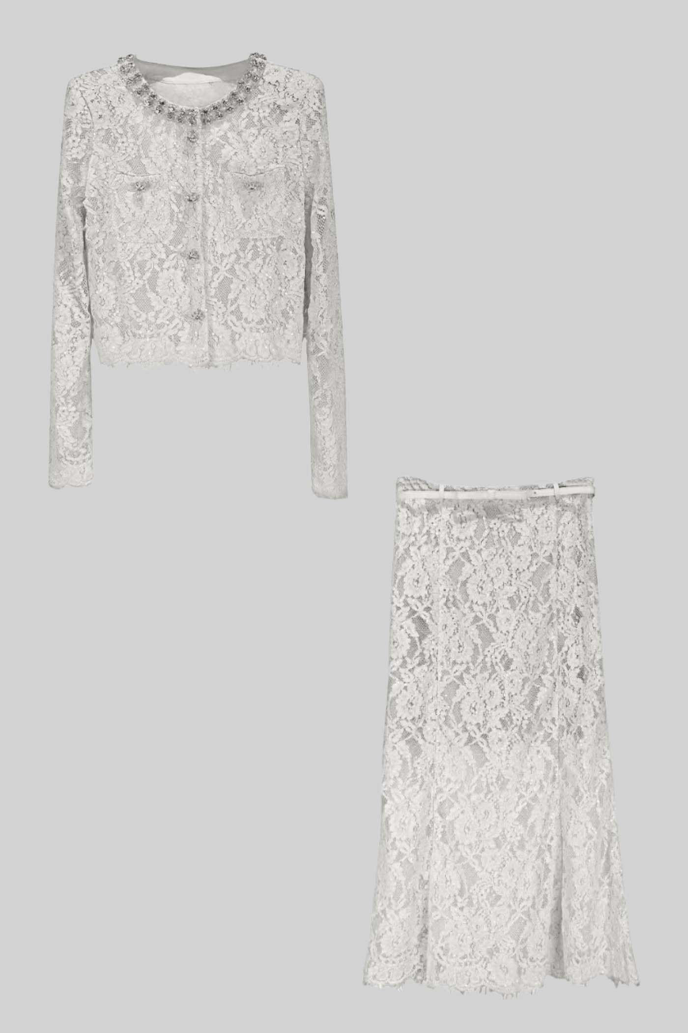 Lace Co-Ord With Sparkling Neckline Embellishments And Midi Skirt - White