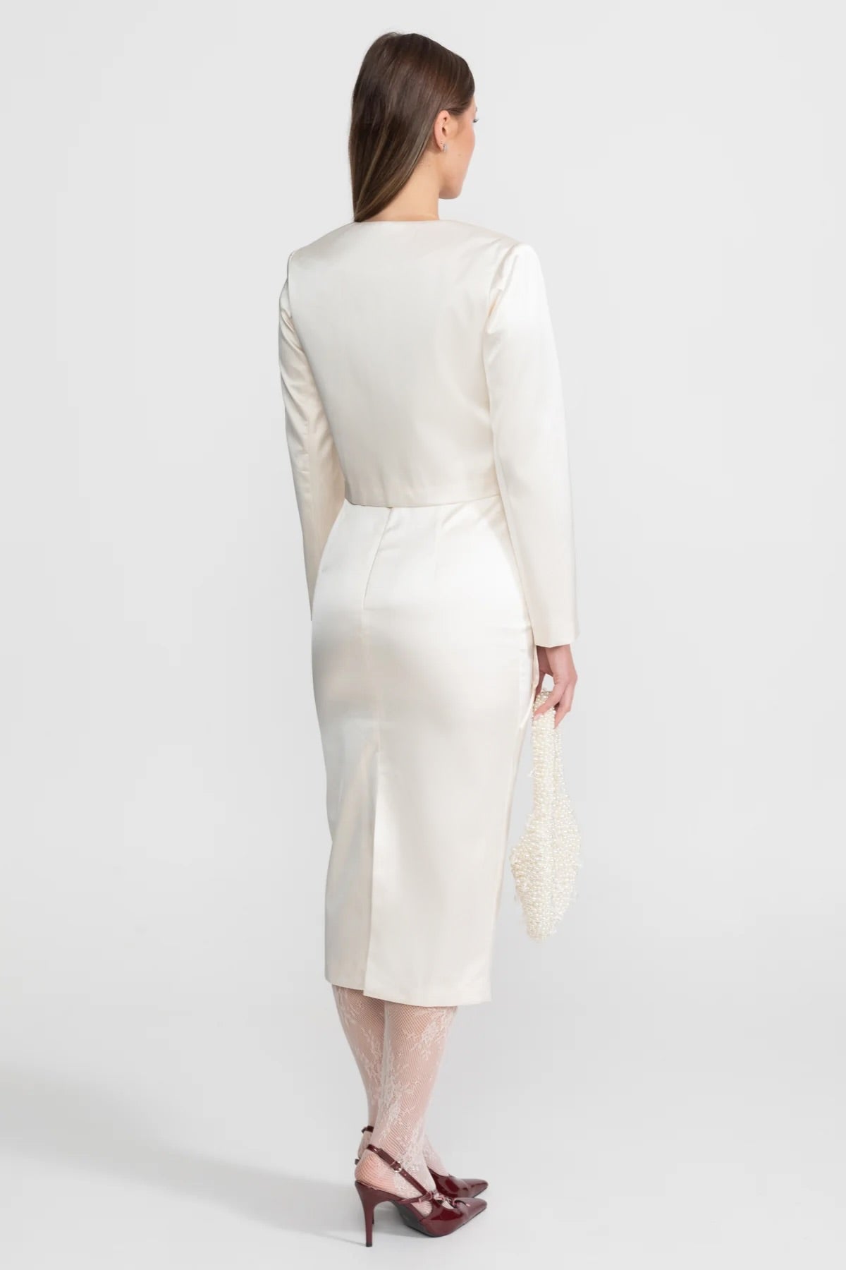 Jupe crayon en taffetas avec nœud et détails floraux - Ivoire 