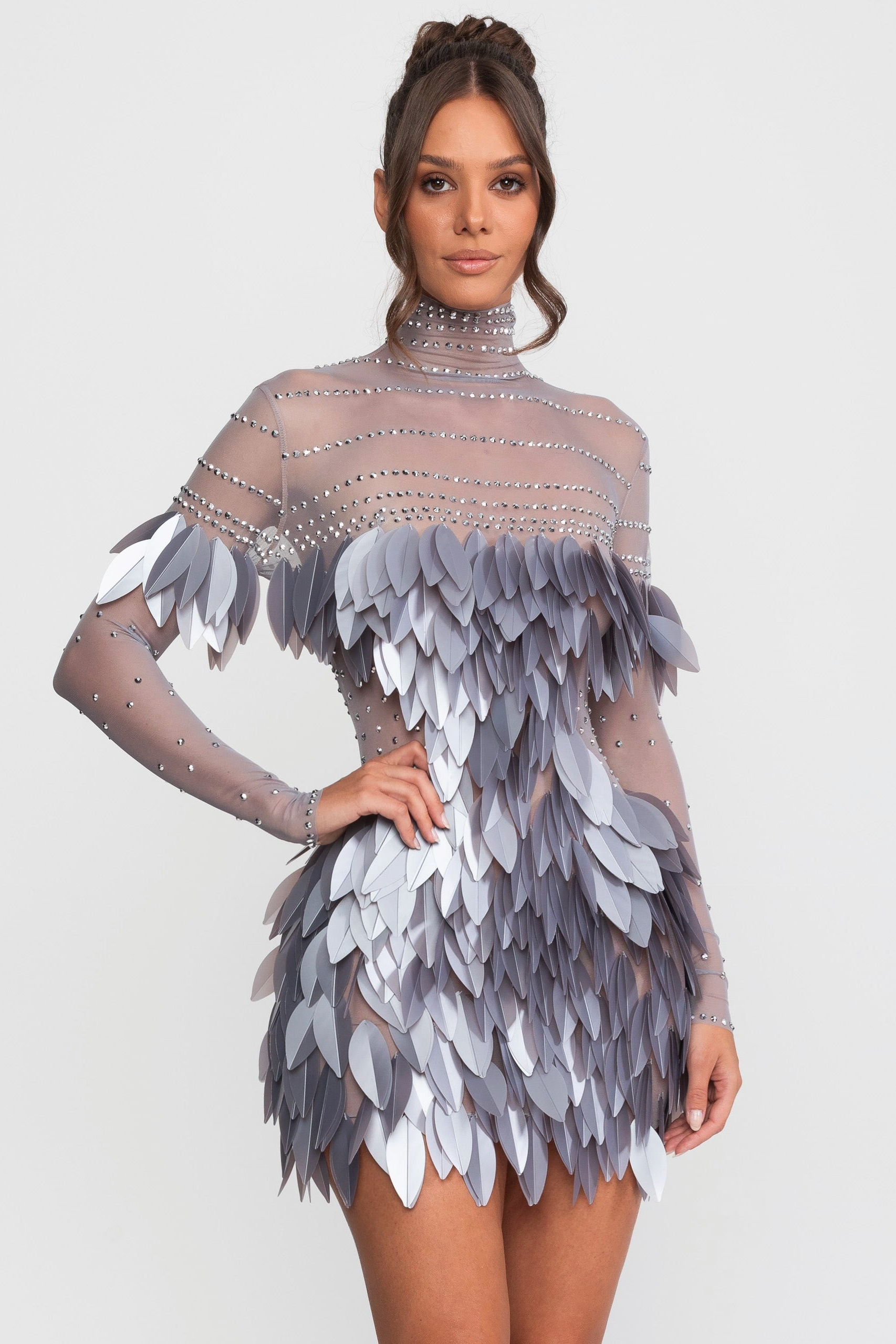 Mini-robe en mesh transparent avec panneau de plumes et encolure ornée de cristaux - Gris 