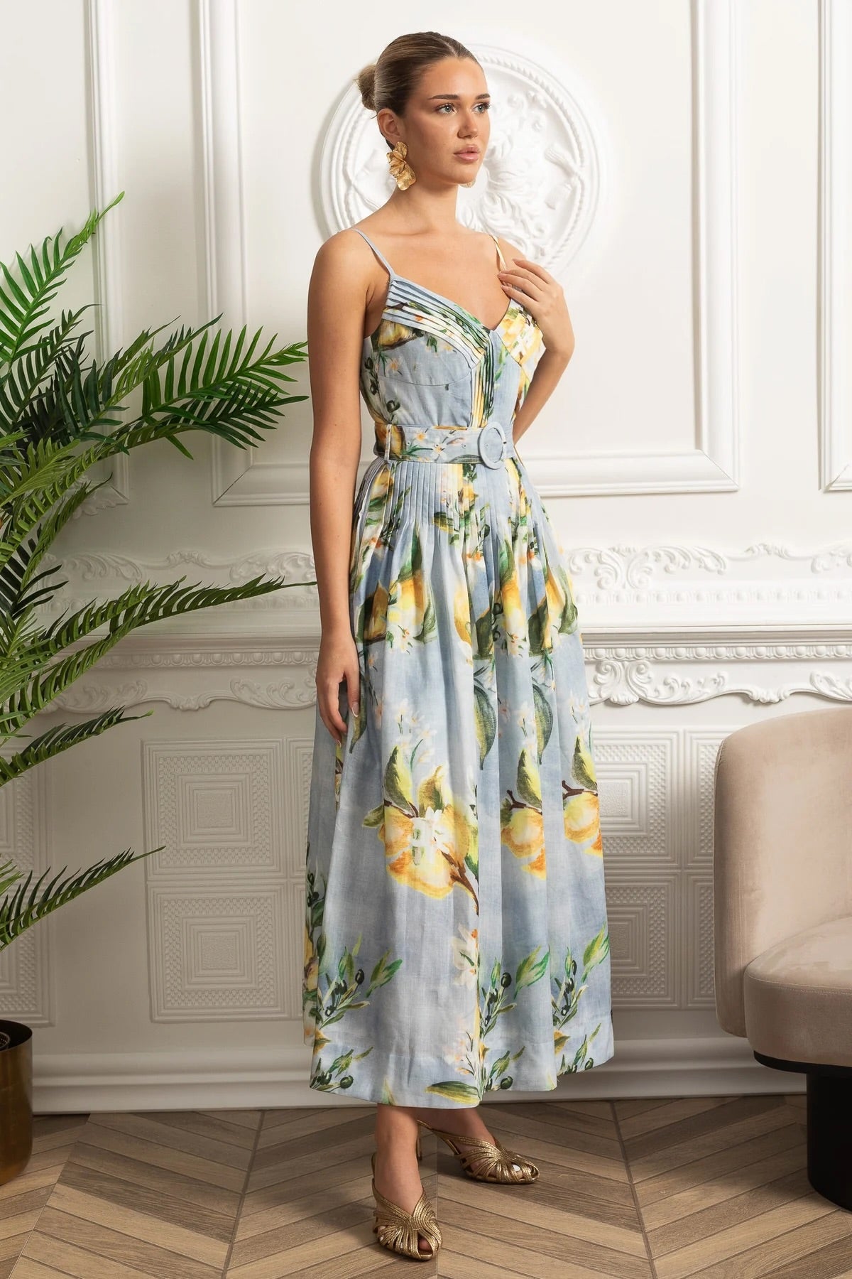 Pleated Bust Belted Midi Dress with Spaghetti Straps - Sky Blue