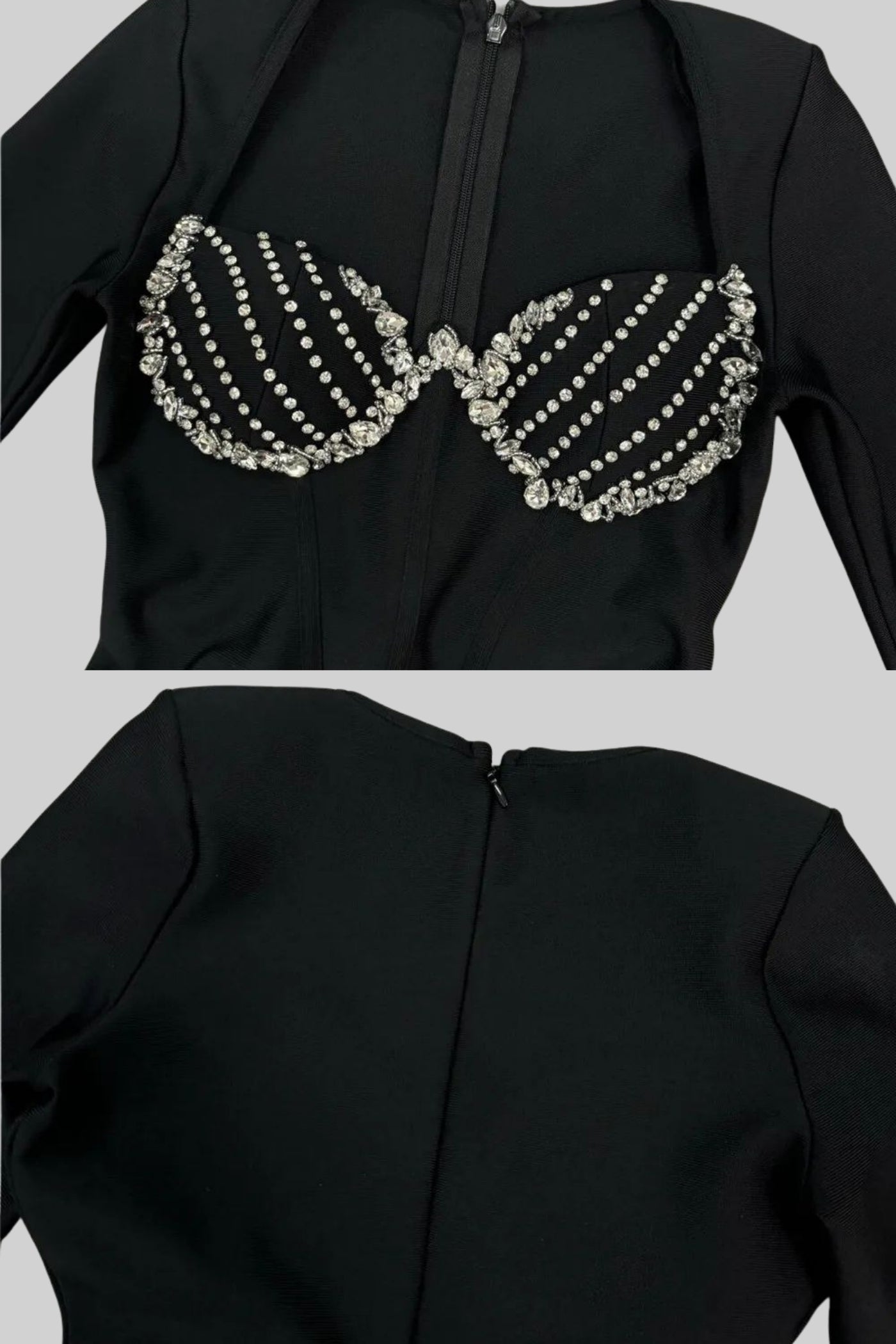 Robe Corset Ornée de Cristaux avec Corsage Structuré – Noir 