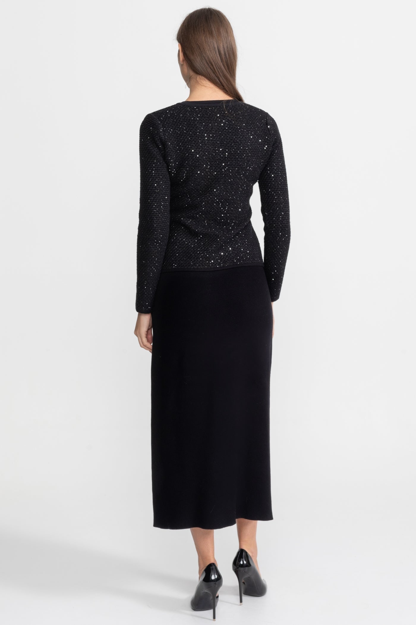 Ensemble coordonné en tweed orné avec fermetures à nœud et jupe midi – Noir 