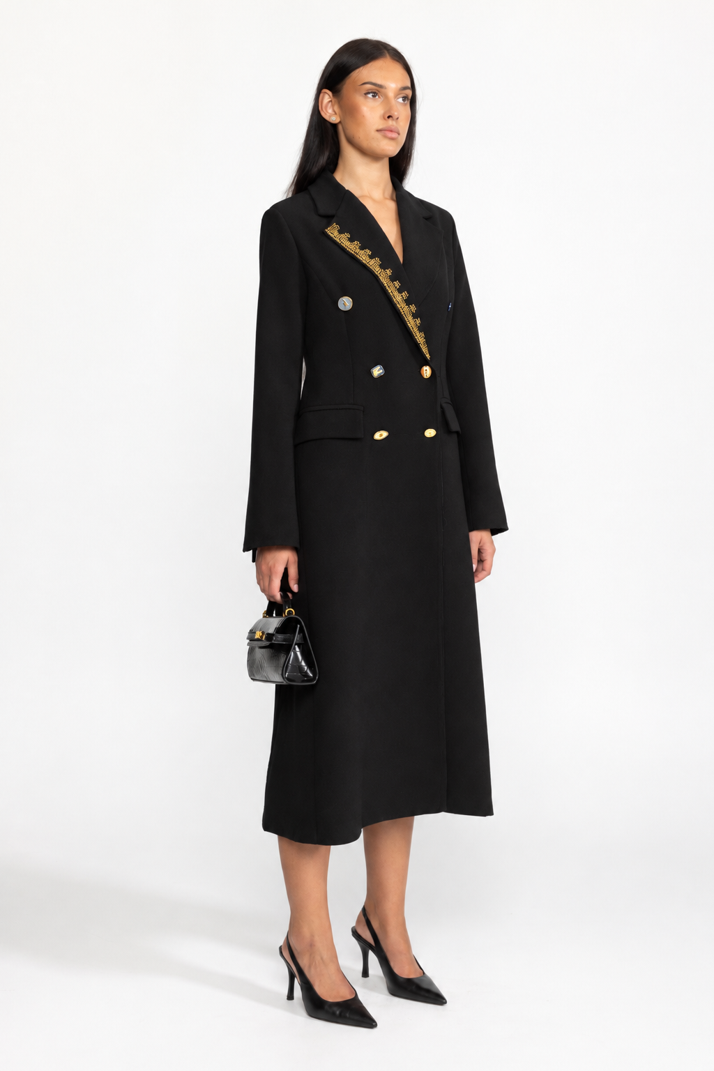 Manteau long croisé à revers ornés - noir 