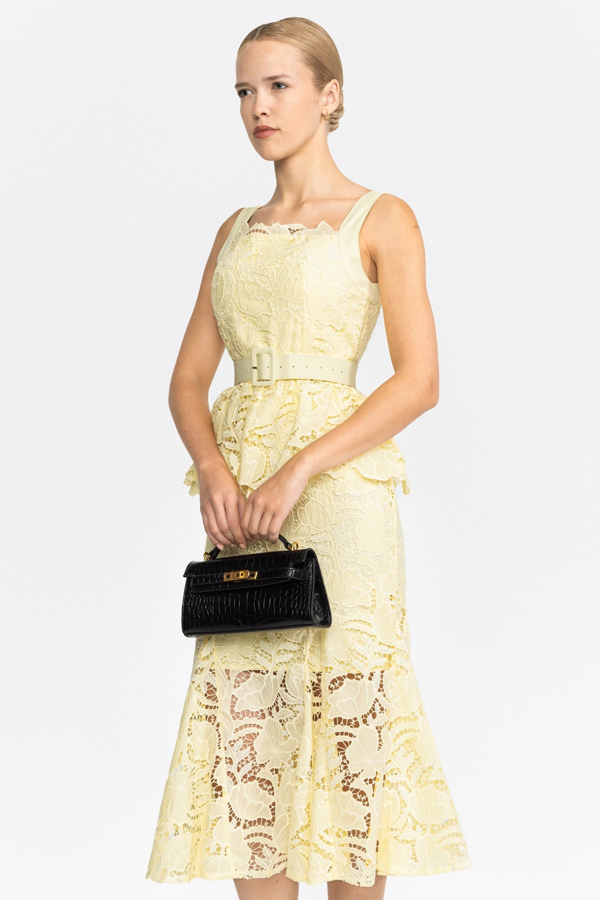 Ensemble top péplum et jupe midi en dentelle guipure - jaune 