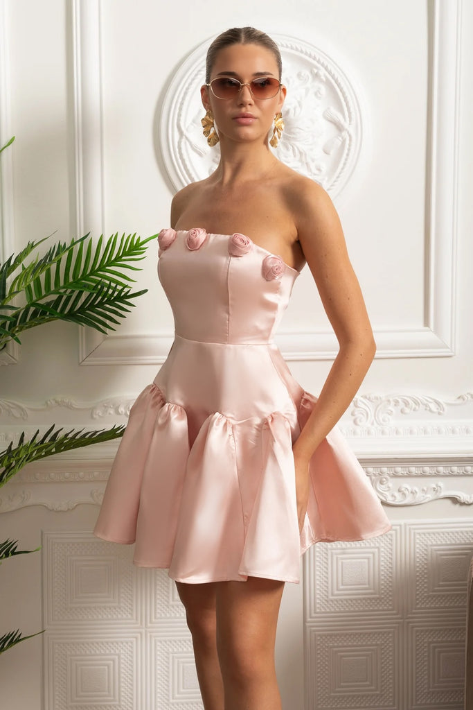 Robe Mini en Satin avec Corsage Bustier et Détails Rosette 3D - Rose 