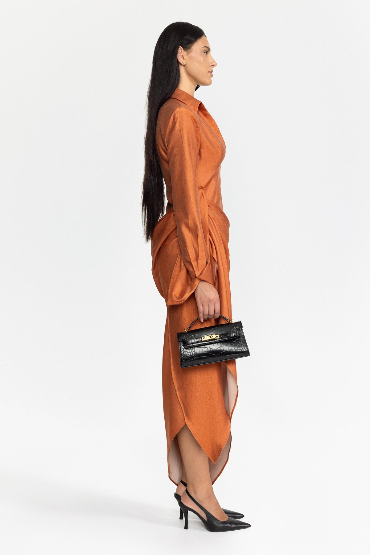 Robe longue portefeuille drapée à col plongeant - orange brûlé 