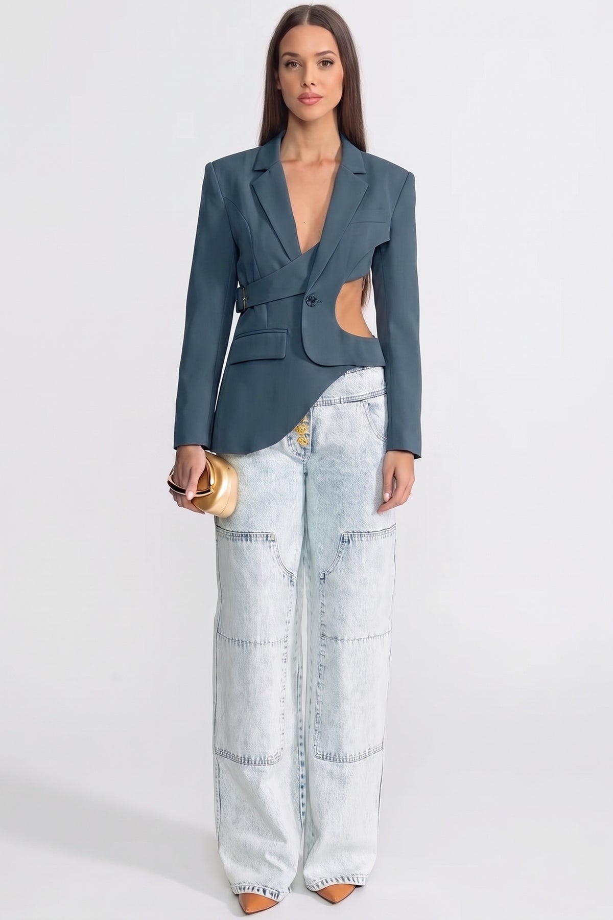 Blazer asymétrique à découpe avec détail ceinture - bleu sarcelle 