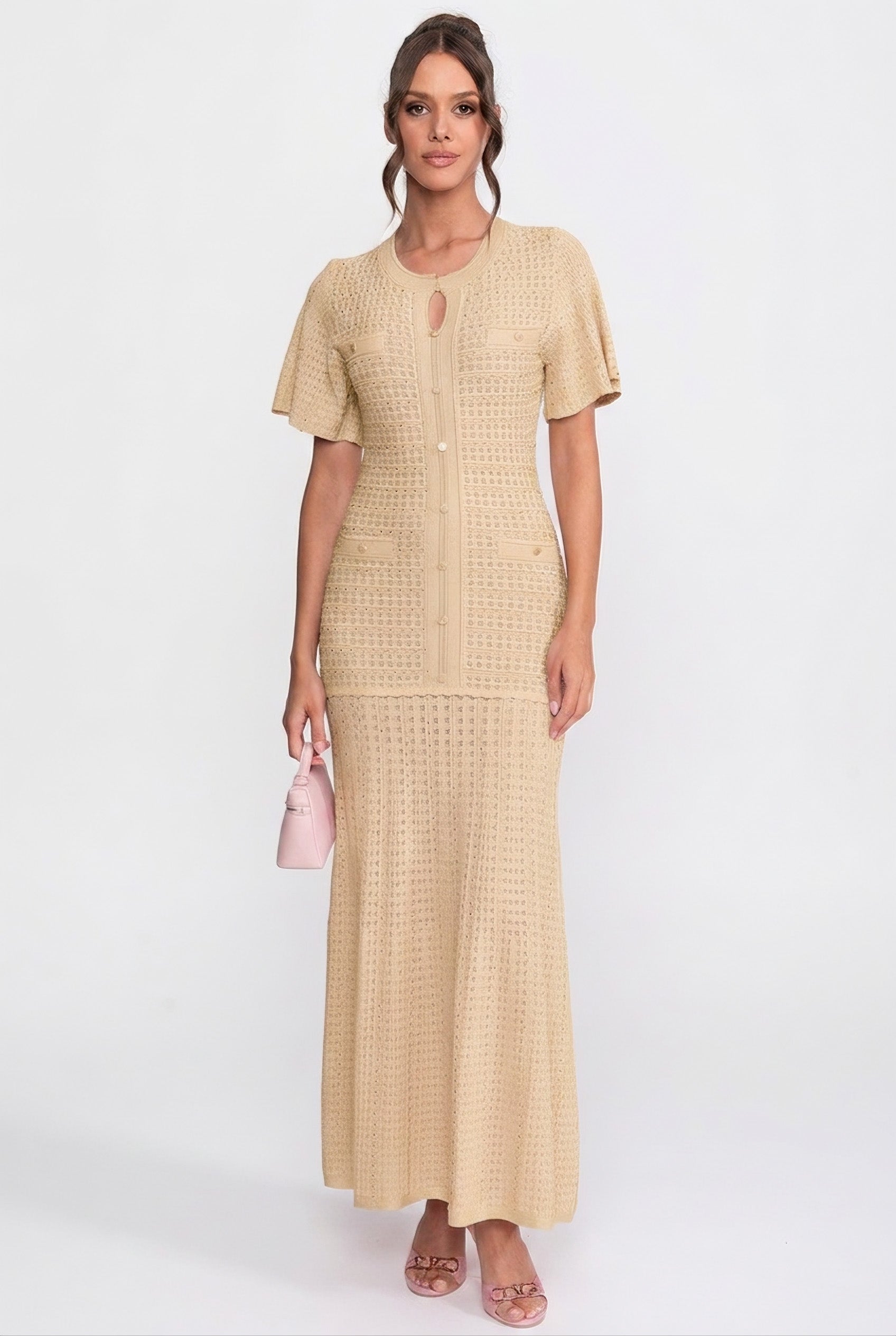 Robe midi à manches courtes avec texture en maille scintillante - Beige 