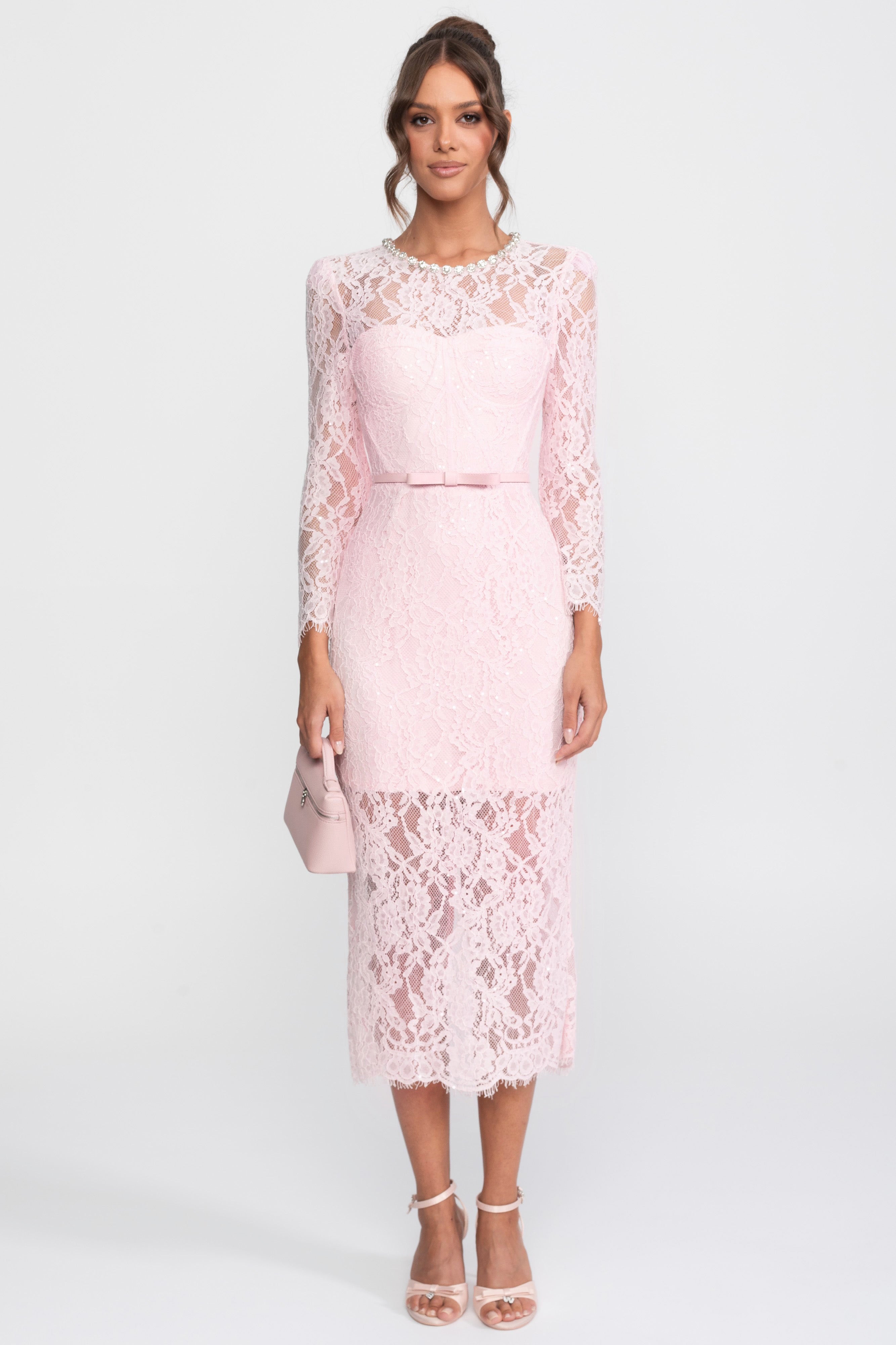 Robe midi à bordure en dentelle avec encolure ornée de cristaux - Rose 