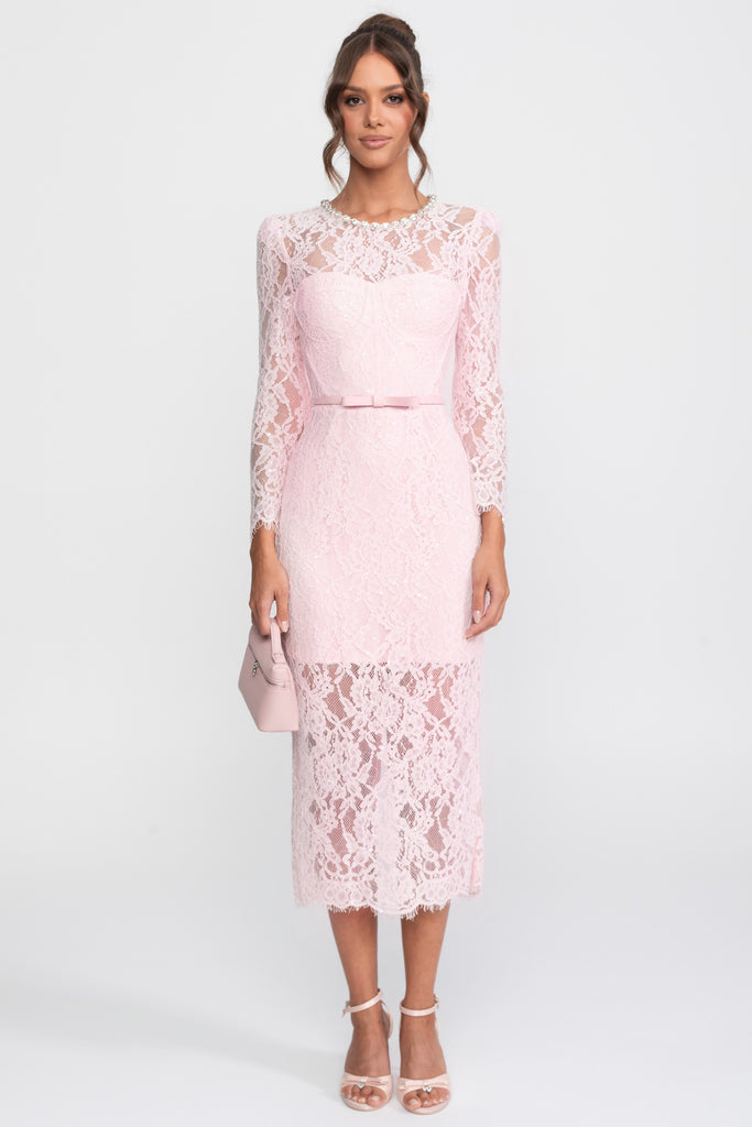 Robe midi à bordure en dentelle avec encolure ornée de cristaux - Rose 