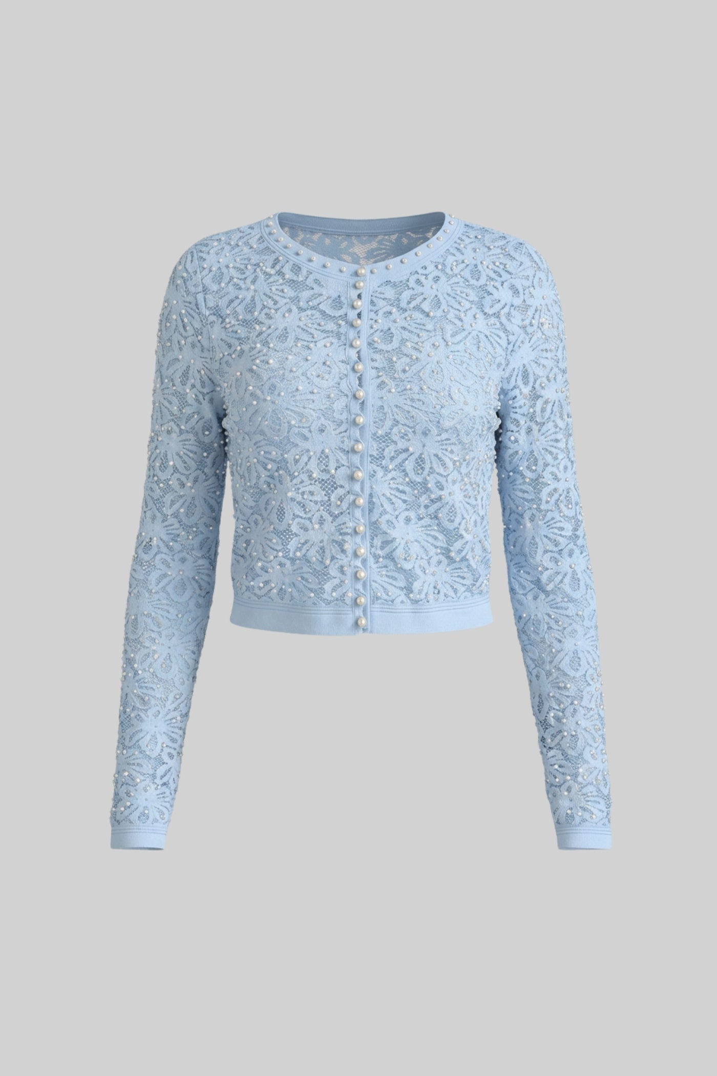 Embellished Long Sleeve Cardigan With Pearl Button Closure - Blue