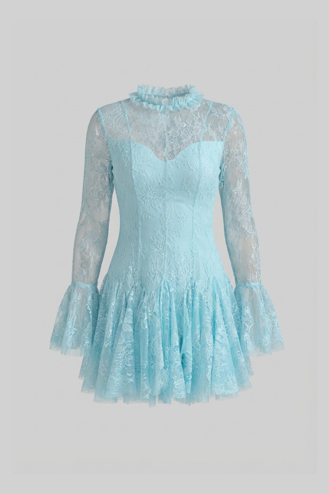 Sheer Lace Long Sleeve Mini Dress With Ruffled Hem - Teal