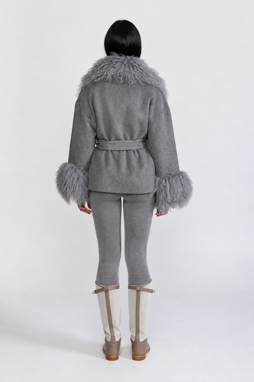 Belted Wool Jacket with Curly Fur-Effect Collar and Cuffs - Grey