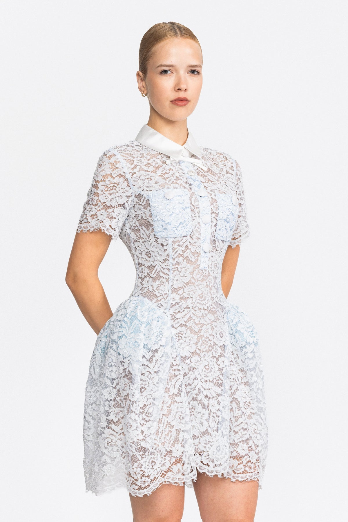 Satin Collar Lace Bubble Mini Dress - Light Blue