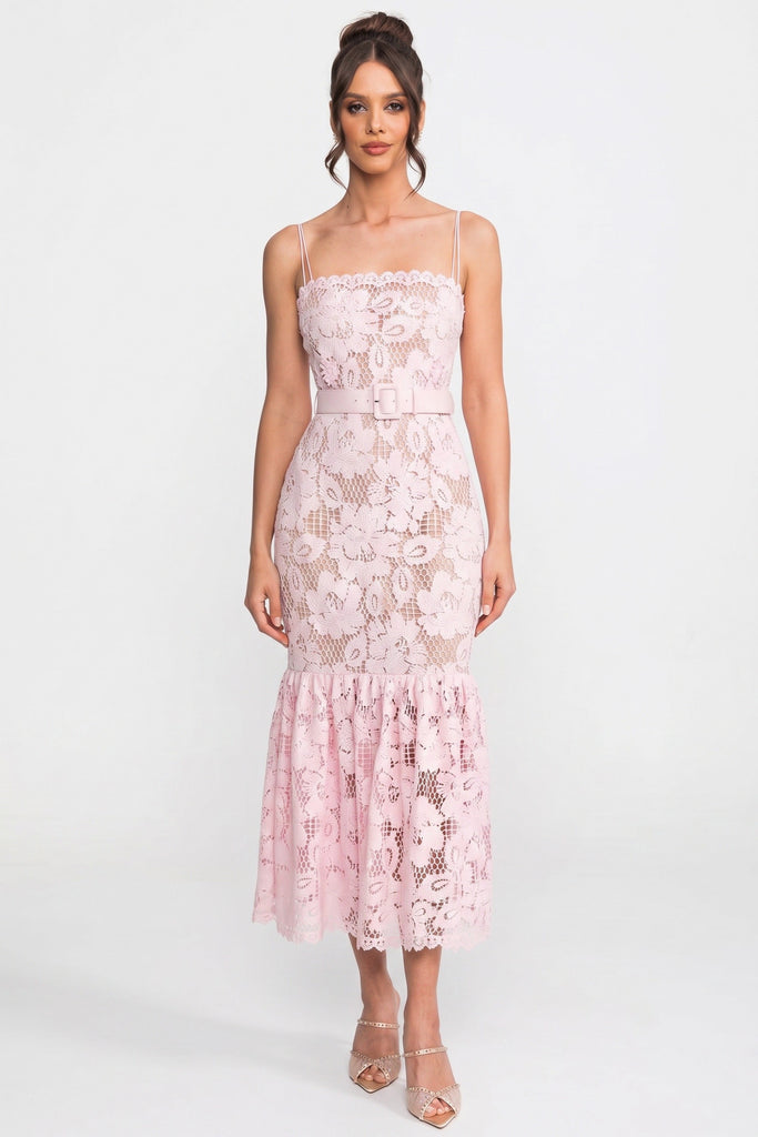 Robe midi en dentelle avec taille ceinturée et ourlet à volants - Rose 