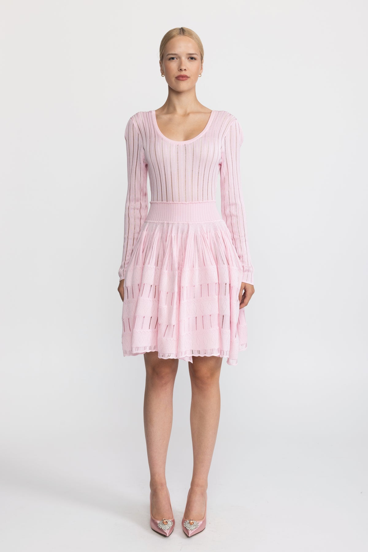 Robe patineuse mini à encolure dégagée en maille ladder - rose 