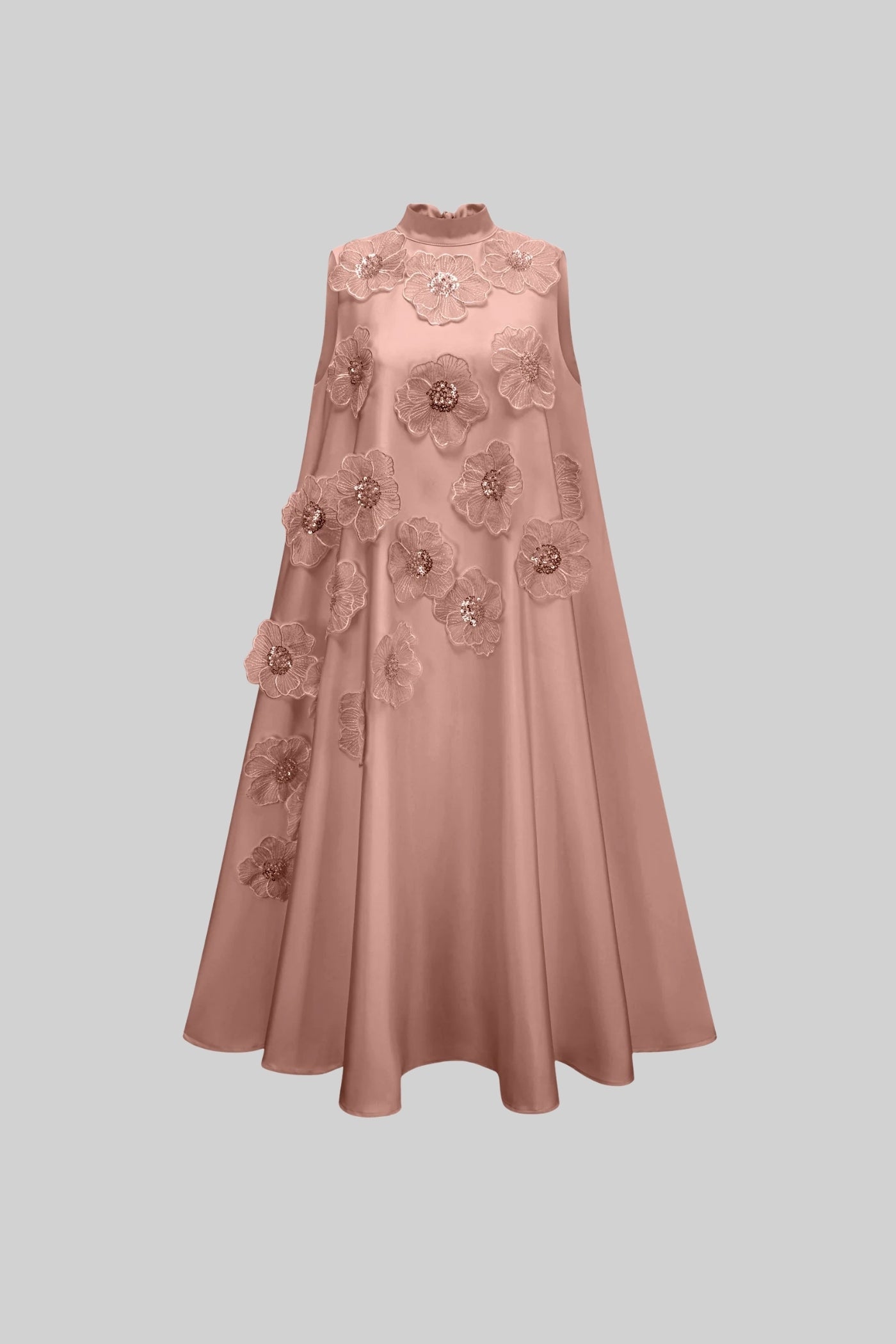 Sleeveless Floral A-Line Dress With High Collar And Textured Embellishments - Pink