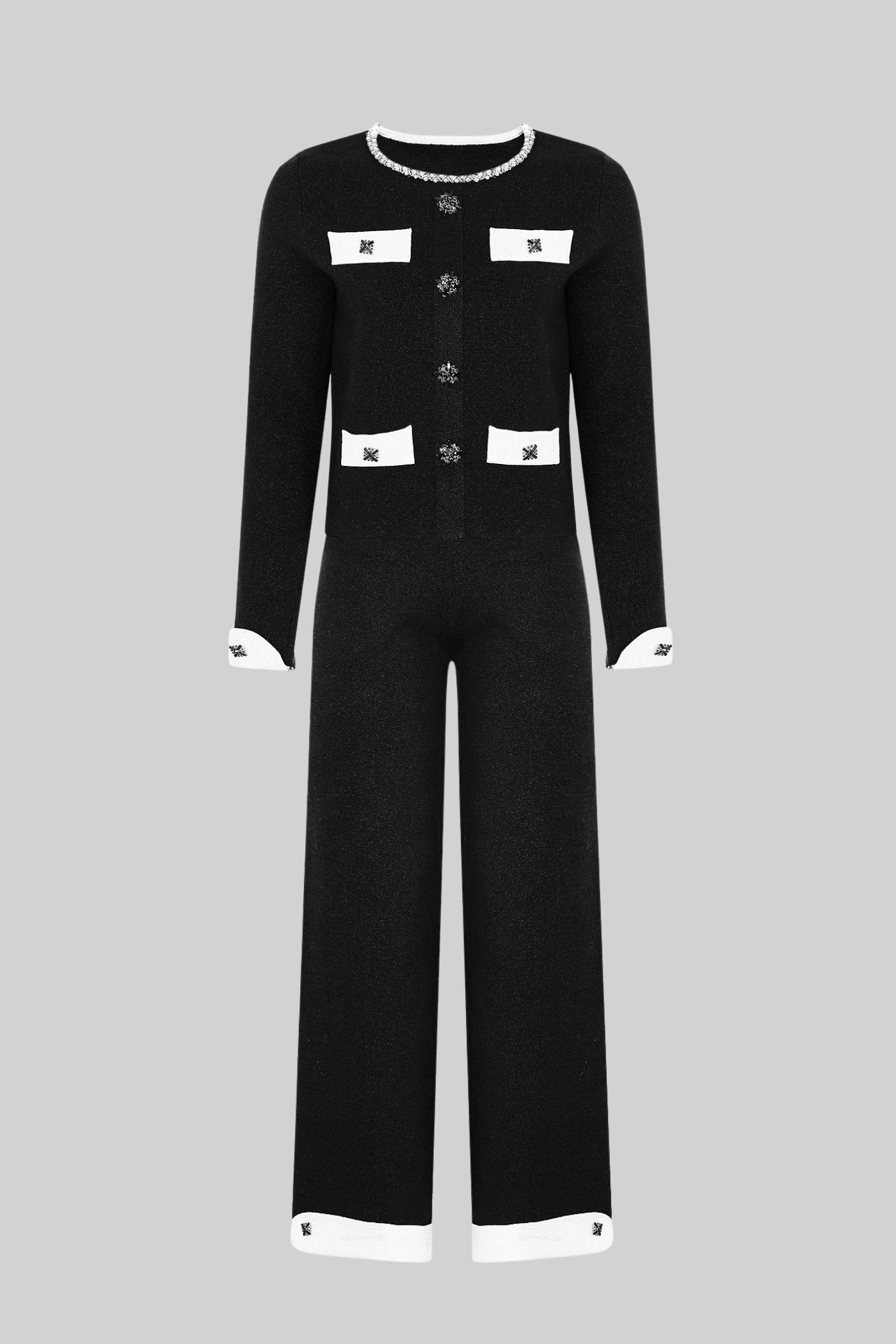 Ensemble coordonné en maille à manches longues avec bordure contrastante et ornements scintillants - Noir 