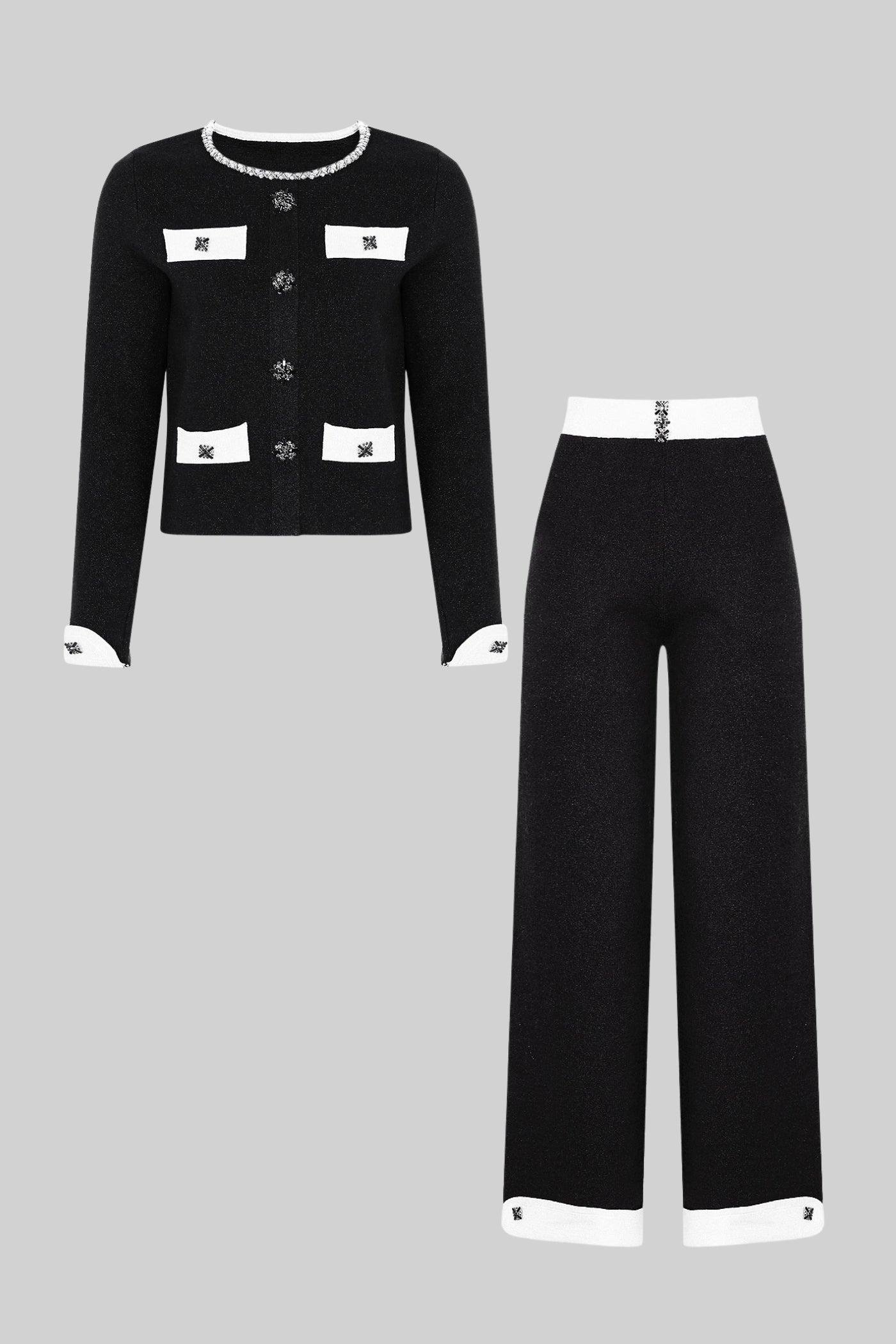 Ensemble coordonné en maille à manches longues avec bordure contrastante et ornements scintillants - Noir 