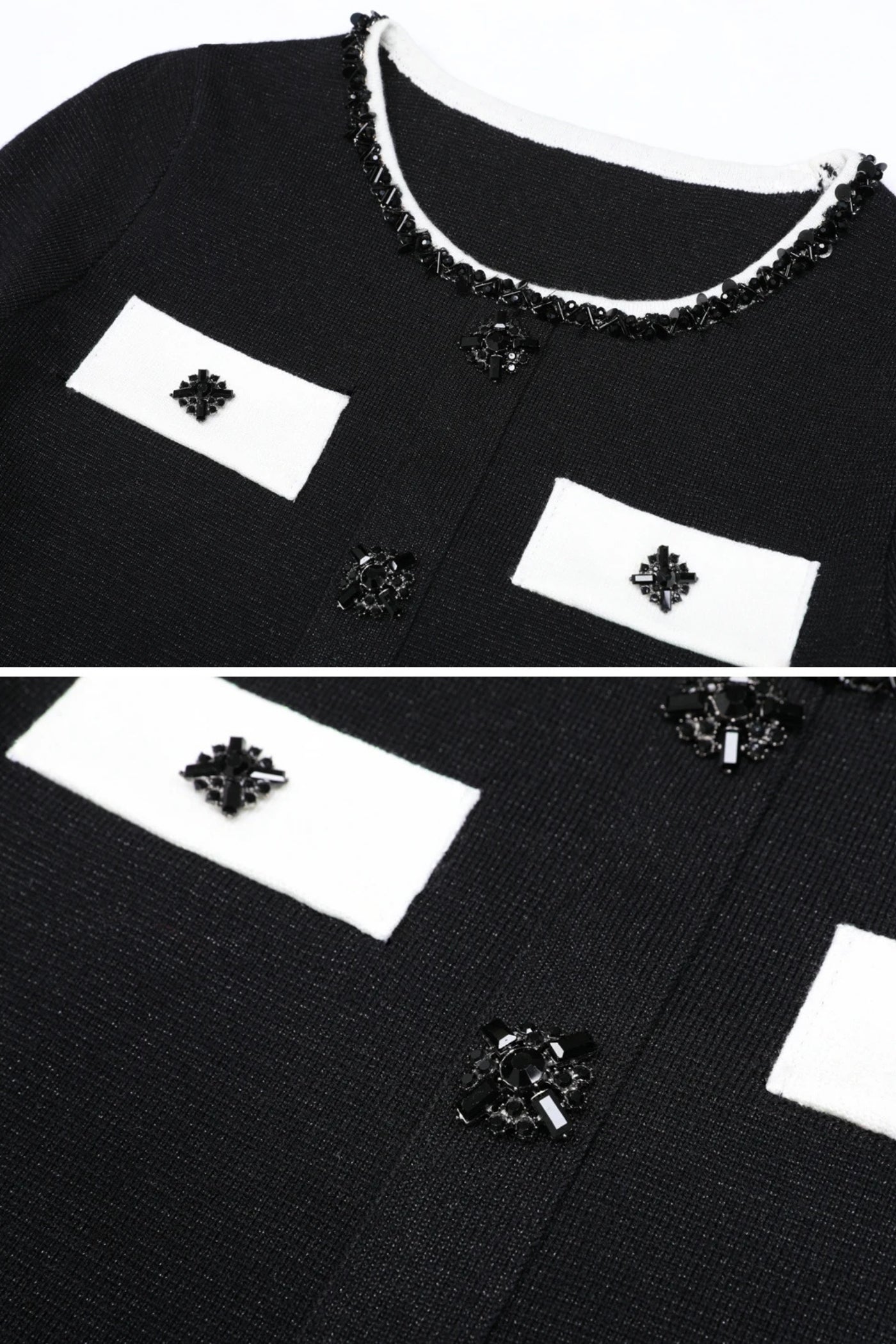 Ensemble coordonné en maille à manches longues avec bordure contrastante et ornements scintillants - Noir 