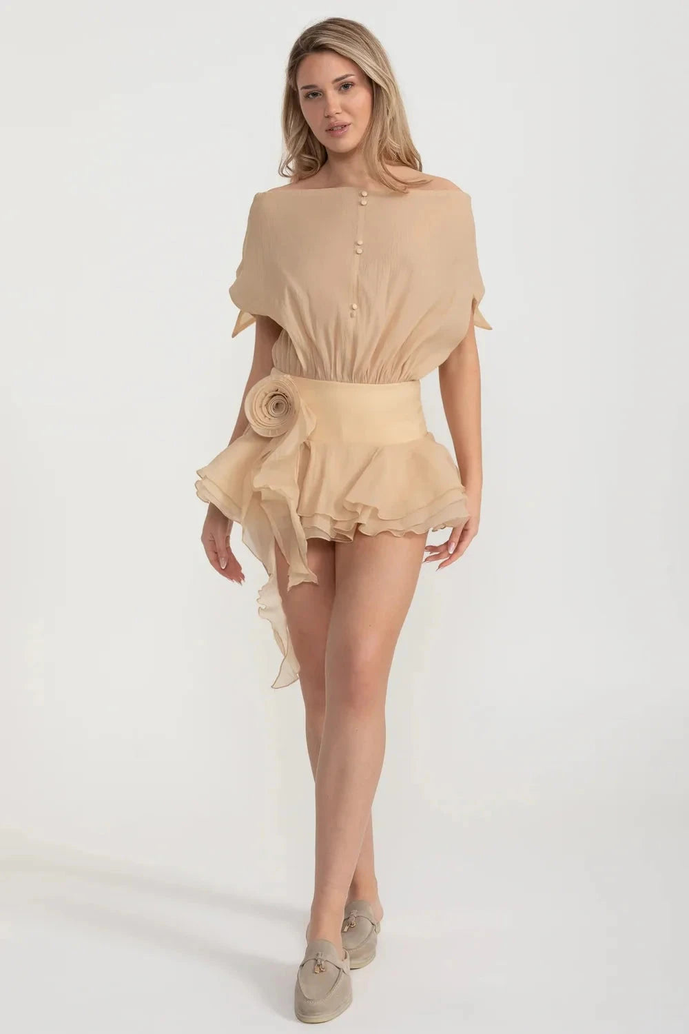 Elegant Mini Dress With Peplum Hem And Rosette Waist Embellishment - Beige