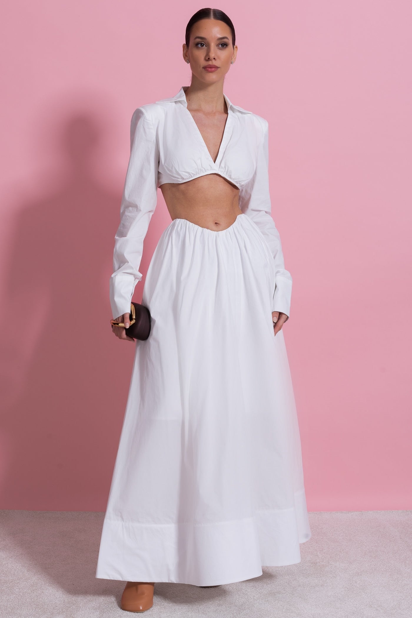 Ensemble Co-Ord à Manches Longues avec Haut Court Sous la Poitrine - Blanc 