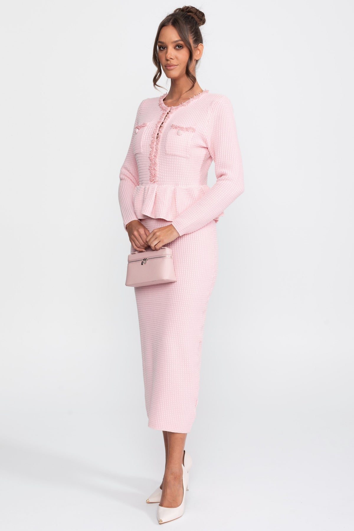 Robe peplum en maille à bordure à franges avec poches poitrine avant - Rose 