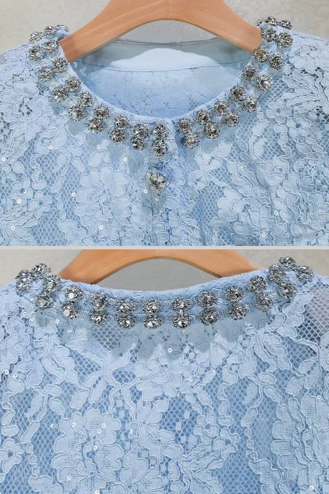 Lace Co-Ord With Sparkling Neckline Embellishments And Midi Skirt - Blue