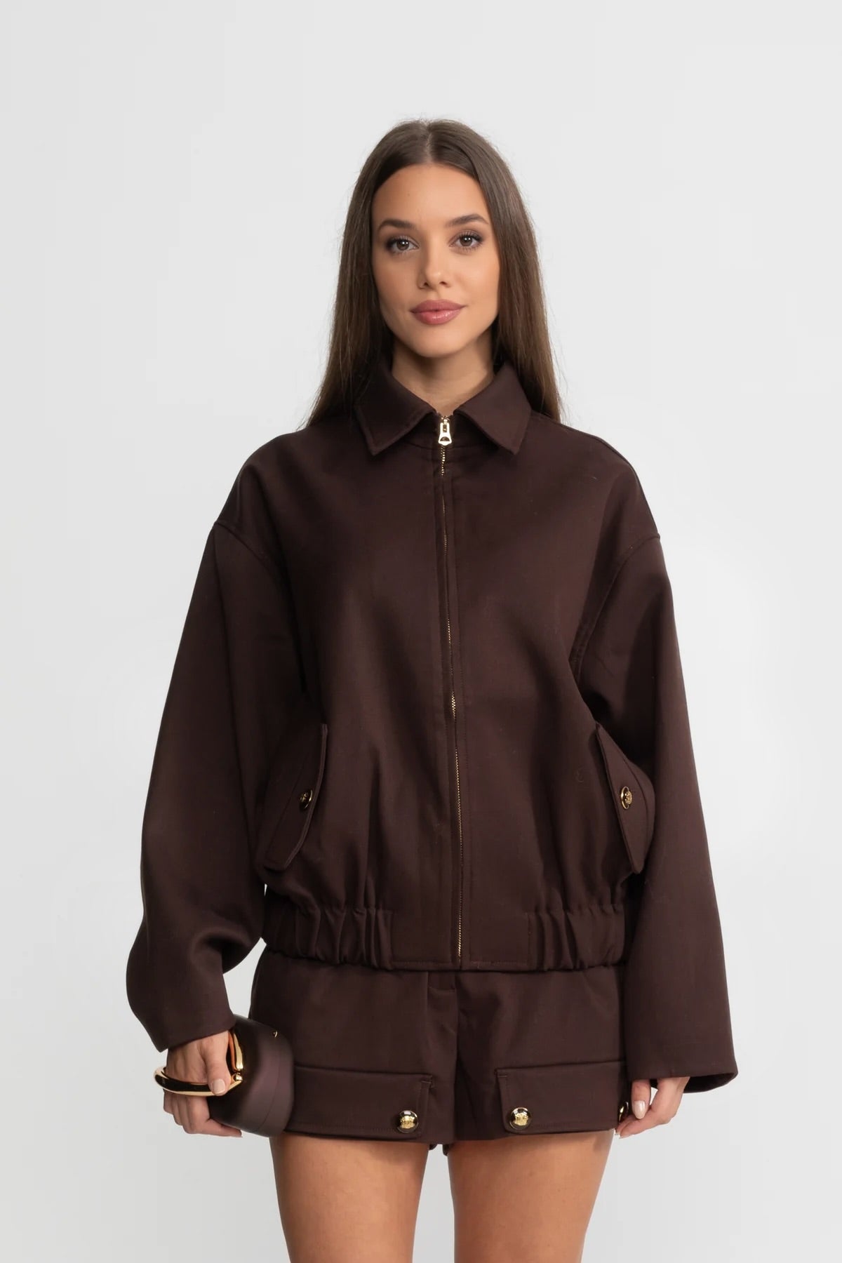 Ensemble coordonné avec veste utilitaire zippée et short assorti - Marron 