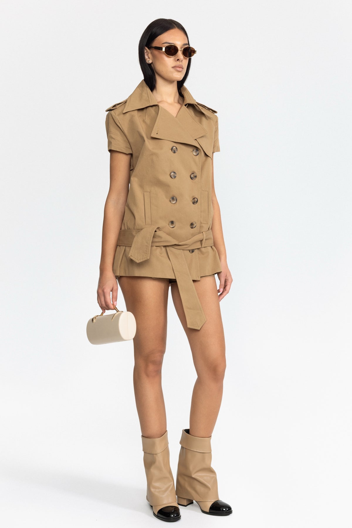 Ensemble top trench ceinturé et mini-short - Kaki 