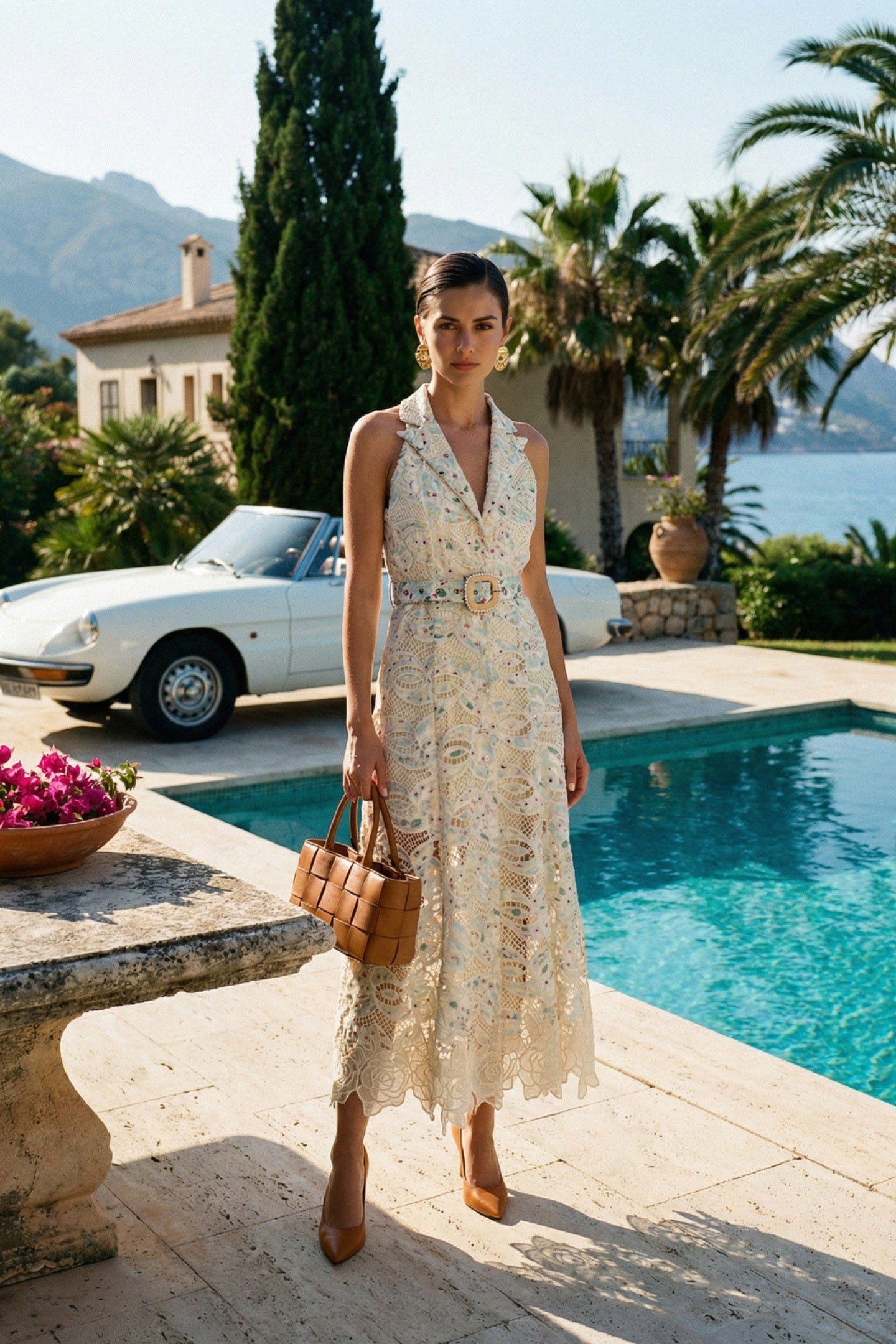 Robe Midi en Dentelle à Col Halter avec Taille Ceinturée – Ivoire 