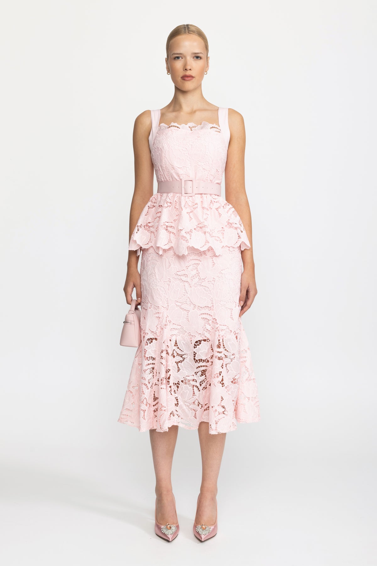Robe midi à basque en dentelle guipure - Rose 