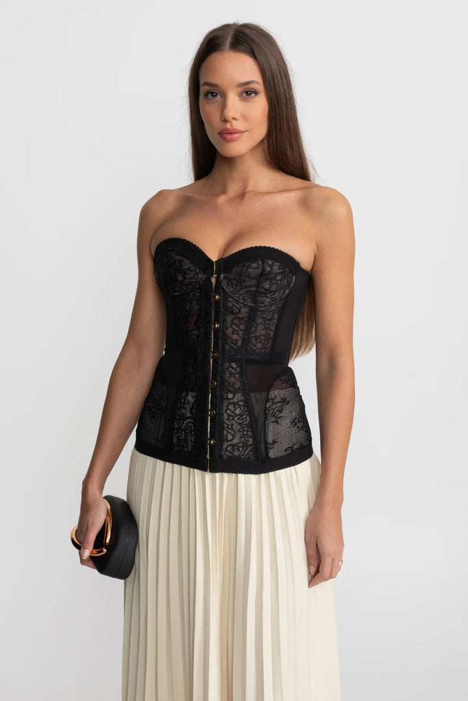 Corset en dentelle sans bretelles avec baleinage et fermeture avant - Noir 