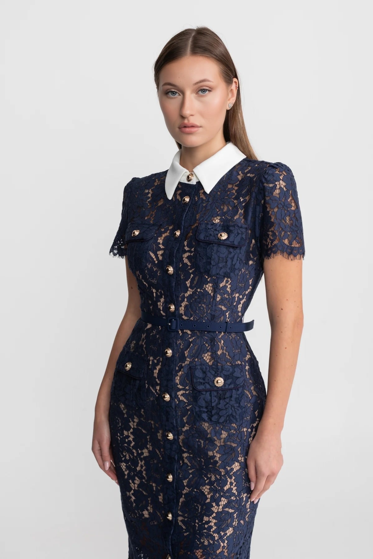 Floral Lace Midi Dress with Tailored Collar and Belted Waist - Navy