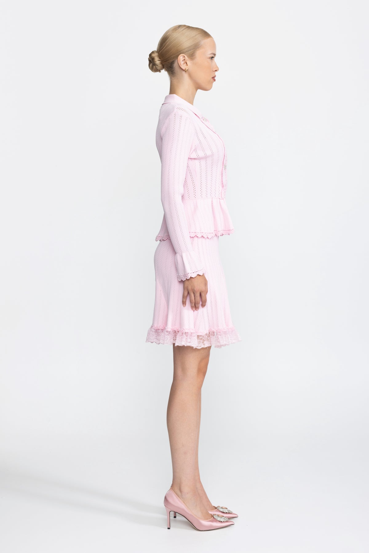 Ensemble coordonné cardigan péplum en maille pointelle et jupe à ourlet en dentelle - Rose 